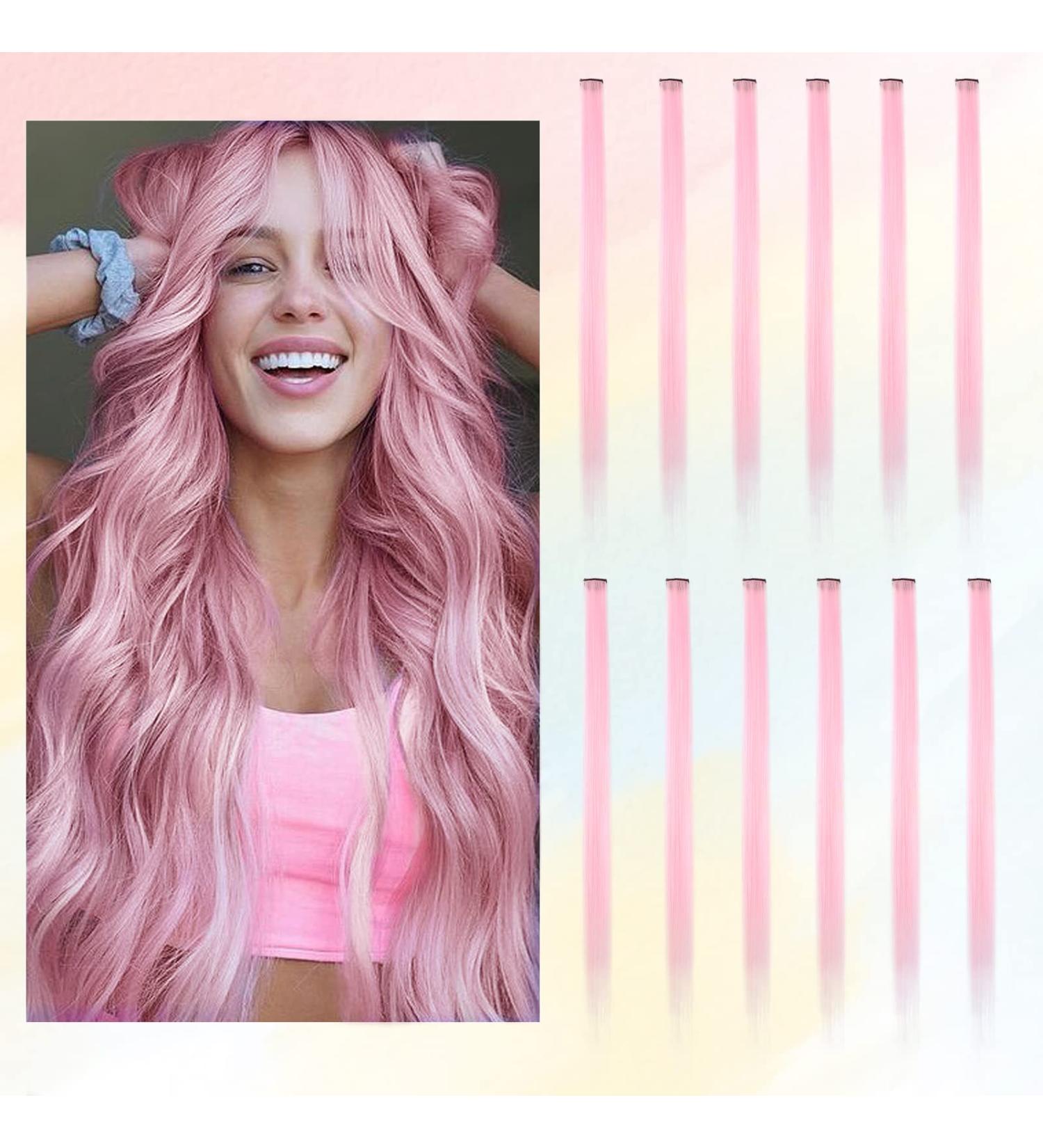 12 Colored Hair Extensions - 21 Inch Clip-In Highlights for Kids & Women - Light Pink Smooth Strands | Barsdar - Buy Online on GoSupps.com