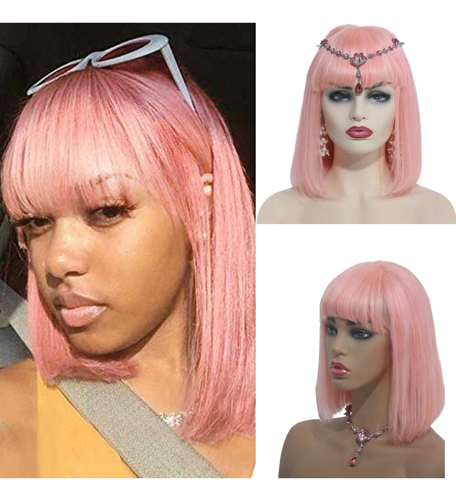Lace Front Wig Human Hair with Bangs - 12 Pink Bob Wig Glueless 180% Density Bleached Knots for Women - Buy Online on GoSupps.com
