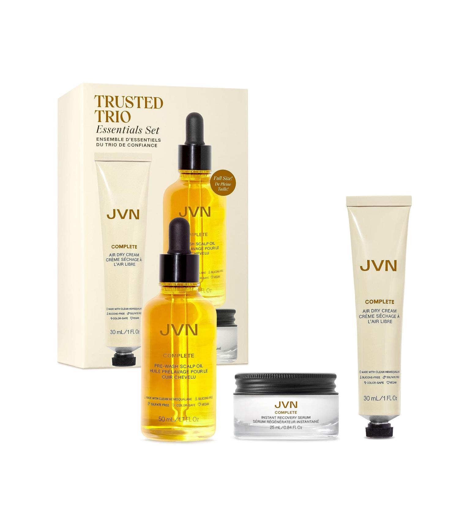 Shop JVN Trusted Trio Essentials Set - Mini Air Dry Cream Pre-Wash Scalp Treatment Oil & Heat Protectant Leave-In Serum - Travel Size for Ultimate Hair Care - Buy Online on GoSupps.com