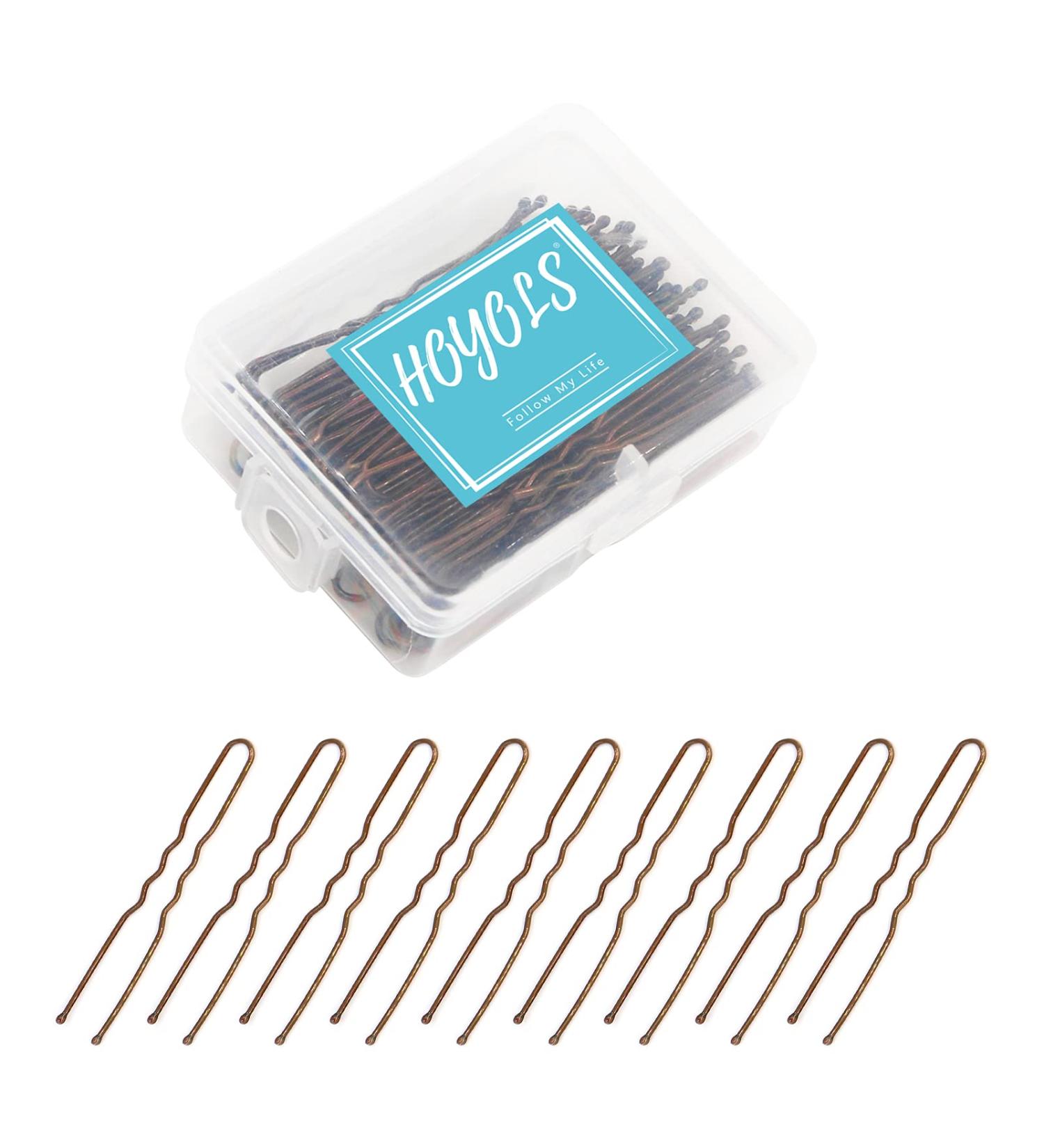 Hoyols U Shaped Hair Pins 2.4 Inch Brown Metal Bobby Pins for Women - 100 Count with Case | Curved Curly Waved Bun Clips for Girls Hairstyle - Buy Online on GoSupps.com