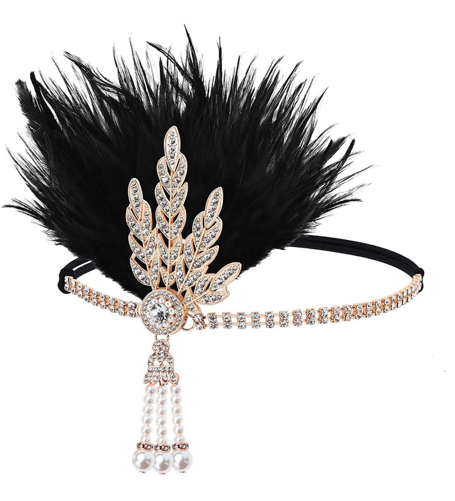Rumnoke 1920s Flapper Headband Great Gatsby Headpiece Roaring 20's Feather Crystal Hair Accessories for Women Gold Leaf Black - Buy Online on GoSupps.com