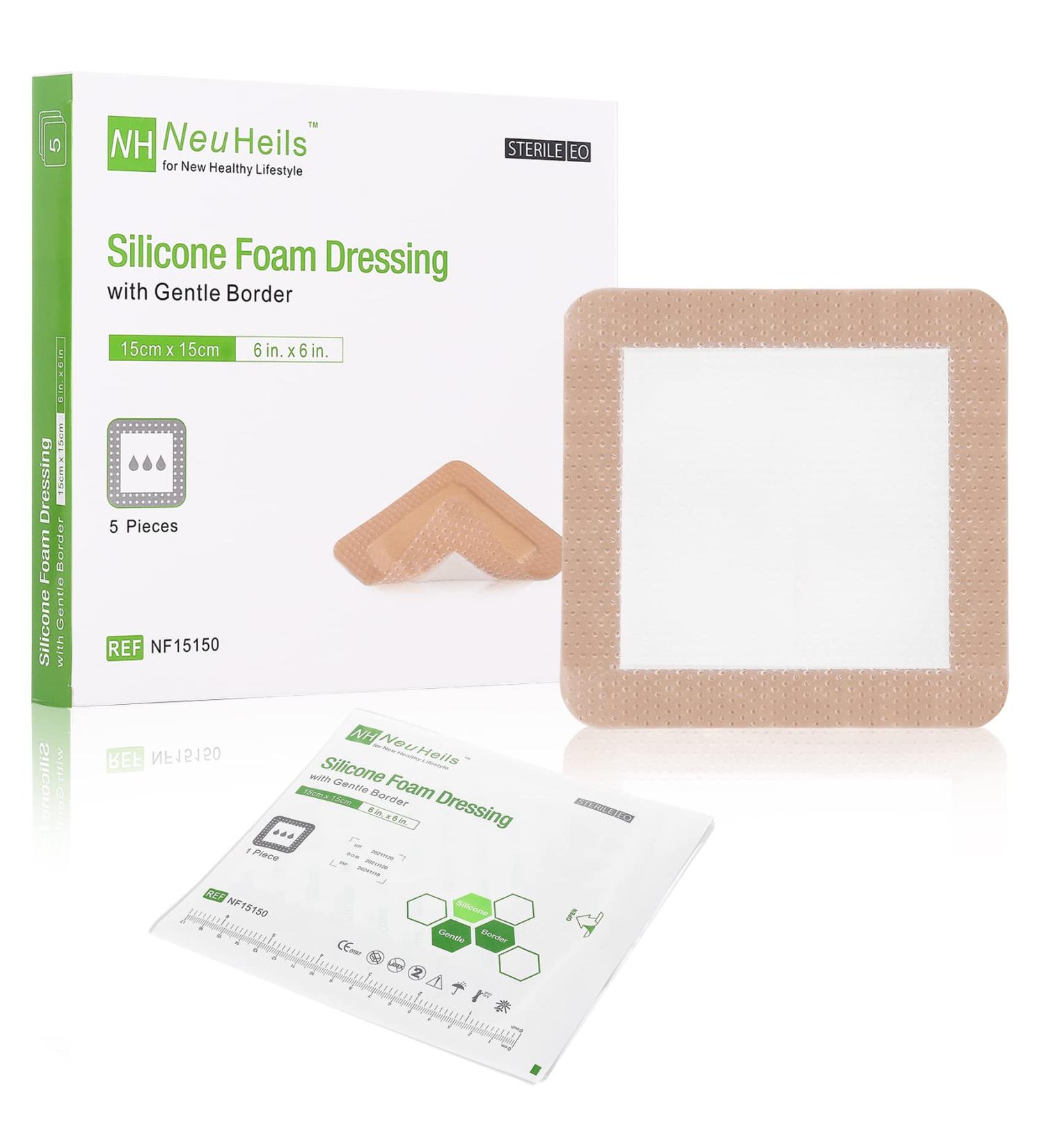 Silicone Adhesive Foam Dressing 6x6 inch, 5-Pack - High Absorbency Waterproof Wound Bandage for Bed Sores & Leg Ulcers - Gentle Border, Pressure Ulcer Treatment by NeuHeils - Buy Online on GoSupps.com