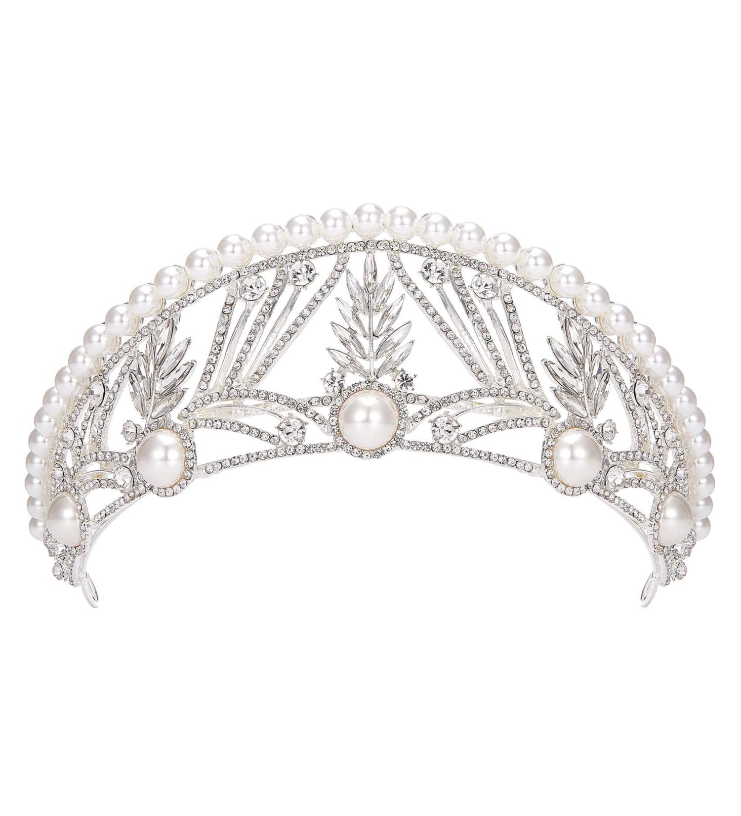 SWEETV Arabella Pearl Wedding Tiara for Bride - Rhinestone Crown for Women | Baroque Queen Crown Hair Accessory for Prom & Quinceanera - Buy Online on GoSupps.com