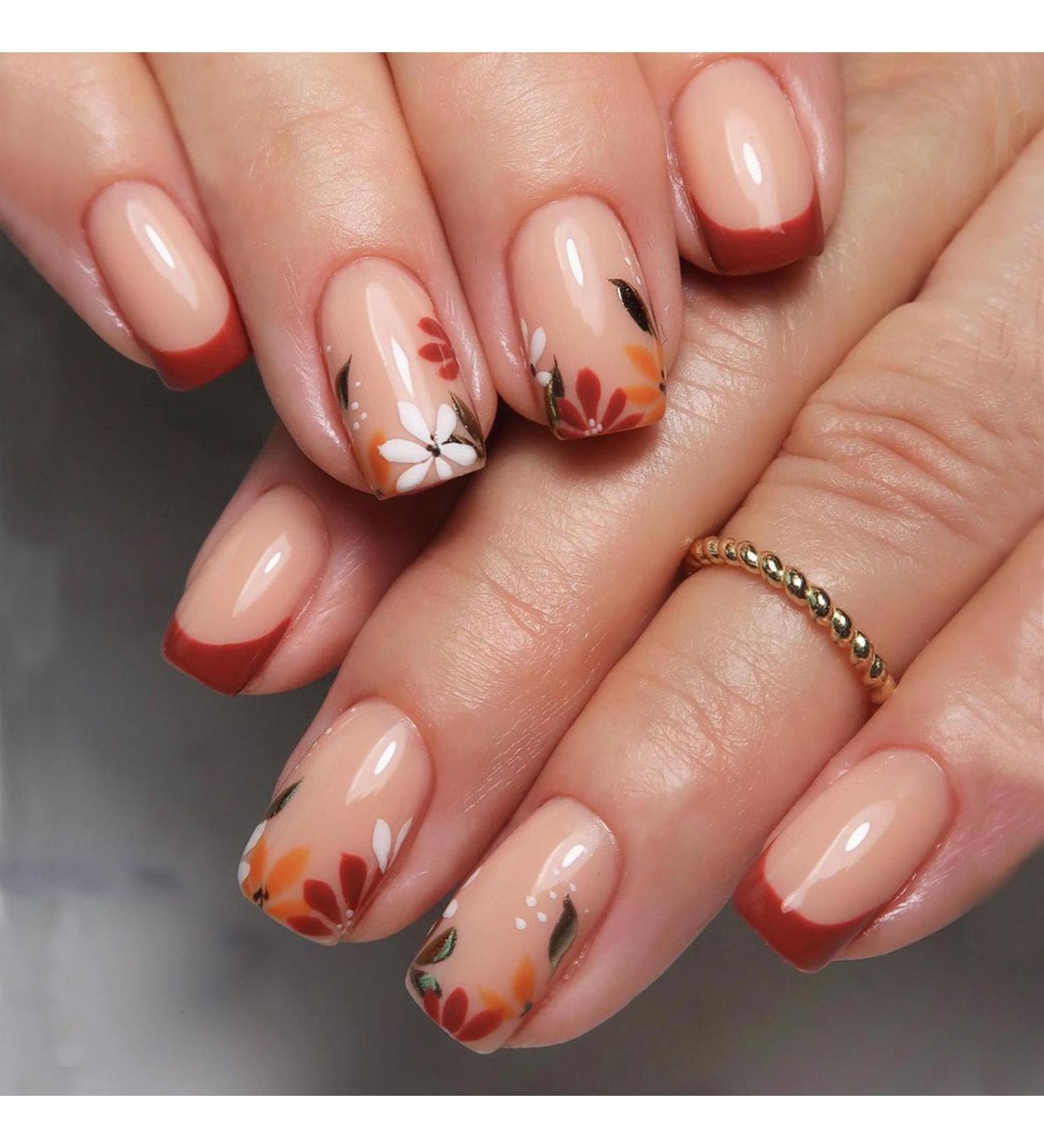 Shop Fall Short Press on Nails | French Tip Medium Length Acrylics - Hand-Painted Glossy Nude with Leaf Designs - Buy Online on GoSupps.com
