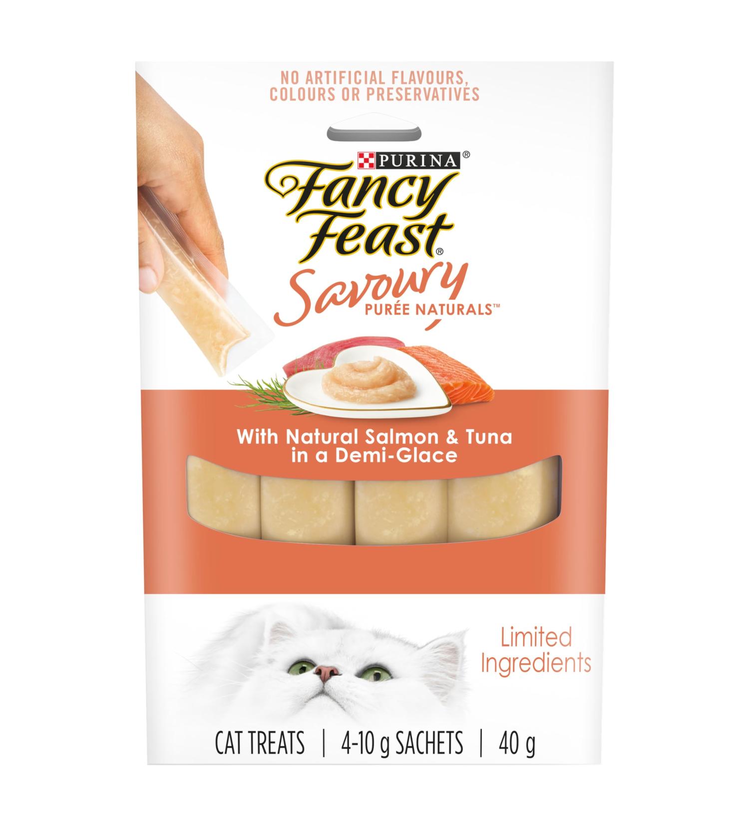 Fancy Feast Savoury Puree Naturals Cat Treats Natural Salmon & Tuna - 10 g x 4 Sachet (30 Pack) - Buy Online on GoSupps.com