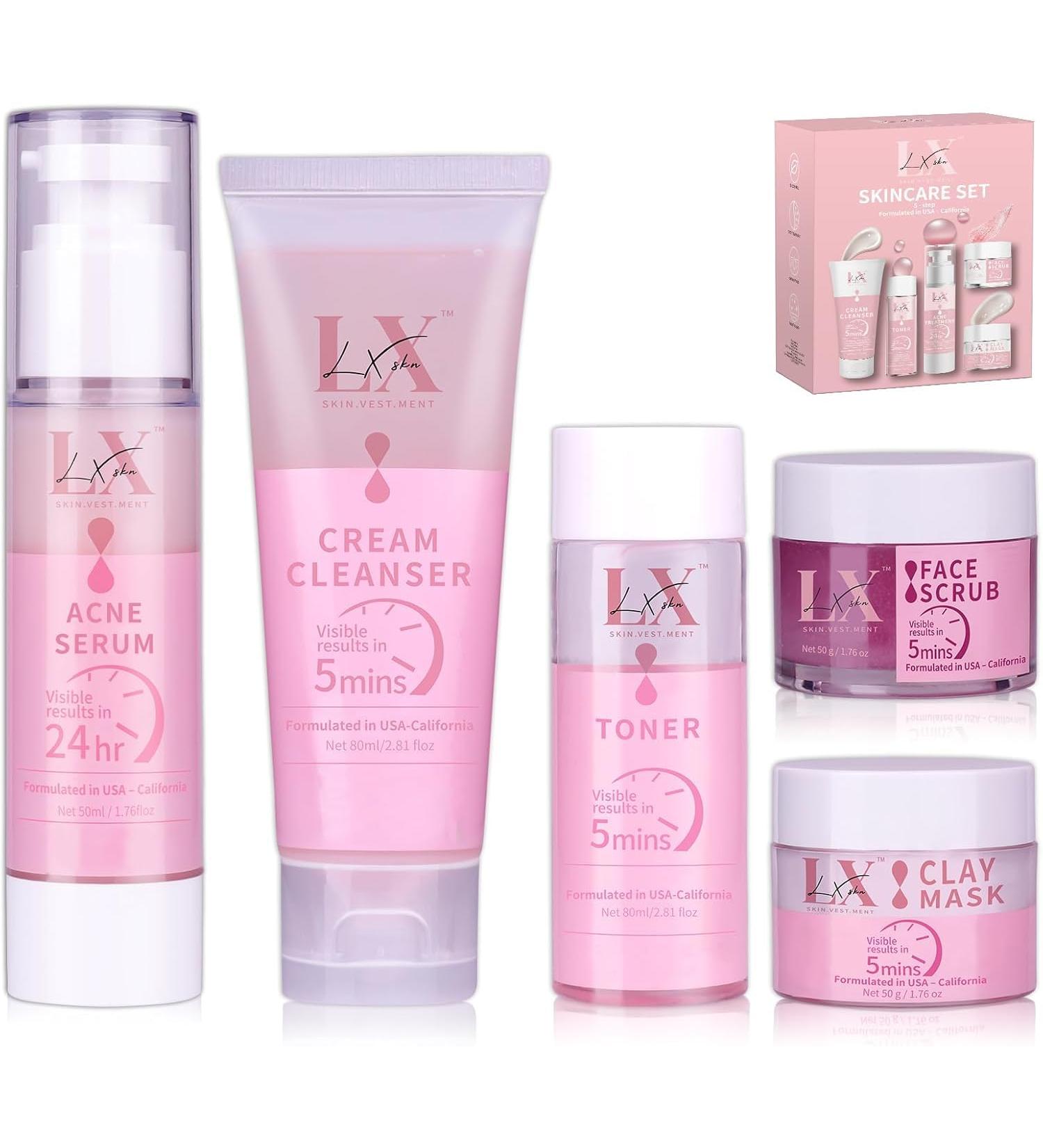Daily Acne Essentials Kit - 5 Step Facial Skincare Set with Cleanser Face Scrub Clay Mask Toner & Acne Serum Complete Acne Skin Care Kit Wash Away Impurities To Reveal Glowing Skin 5 PCS 5.0 - Buy Online on GoSupps.com
