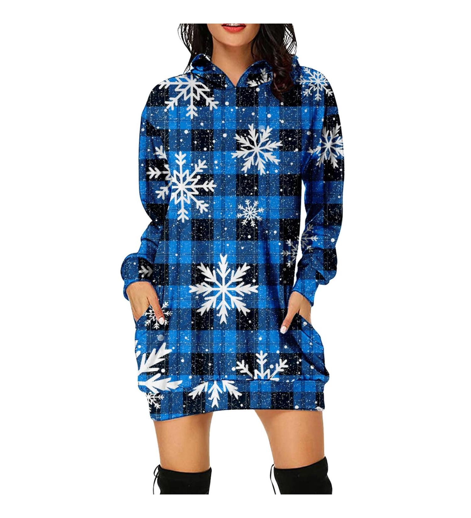 Shop Women s Christmas Cartoon Hoodie Dress | Long Sleeve Sweatshirt Blouse | Festive Print Jumper in Narrow Rock Blue - Buy Online on GoSupps.com