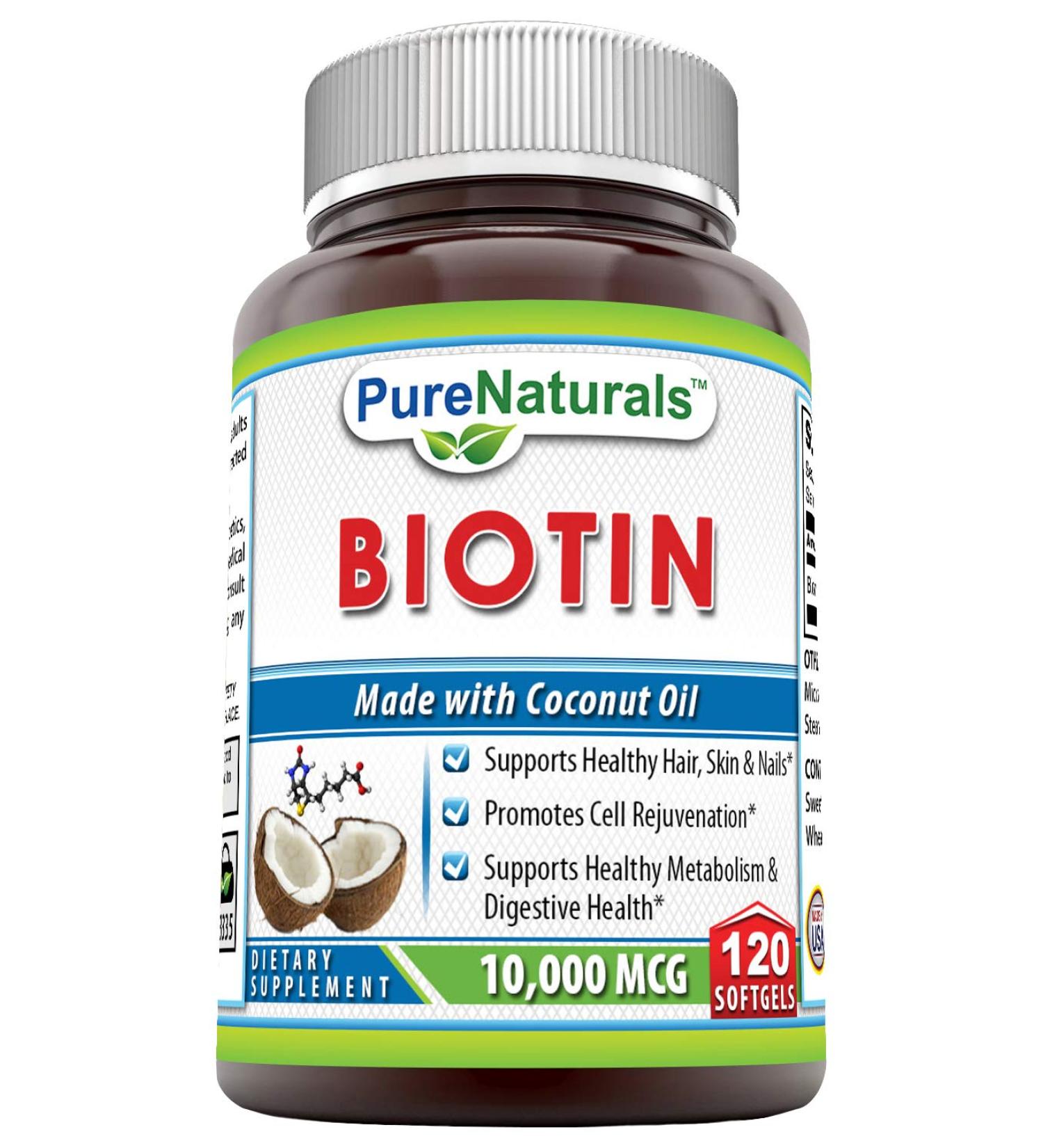 Pure Naturals Biotin with Coconut Oil 10,000mcg - 120 Softgels - Hair Skin Nail Support, Cell Rejuvenation - Buy Online on GoSupps.com