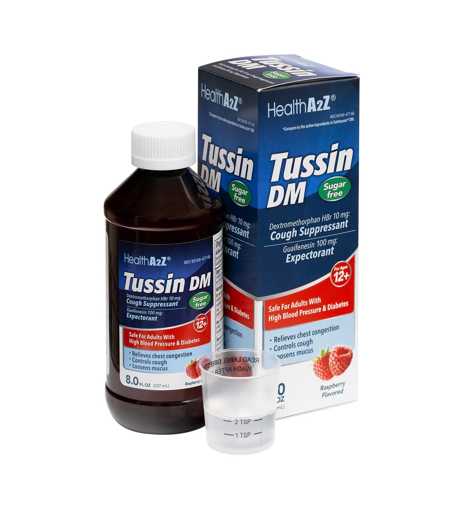 HealthA2Z Tussin DM Sugar Free | Dextromethorphan HBr 20mg Guaifenesin 200mg | Cough Suppressant & Expectorant | for Adults with High Blood Pressure & Diabetes | 8 FL Oz Raspberry Flavor - Buy Online on GoSupps.com