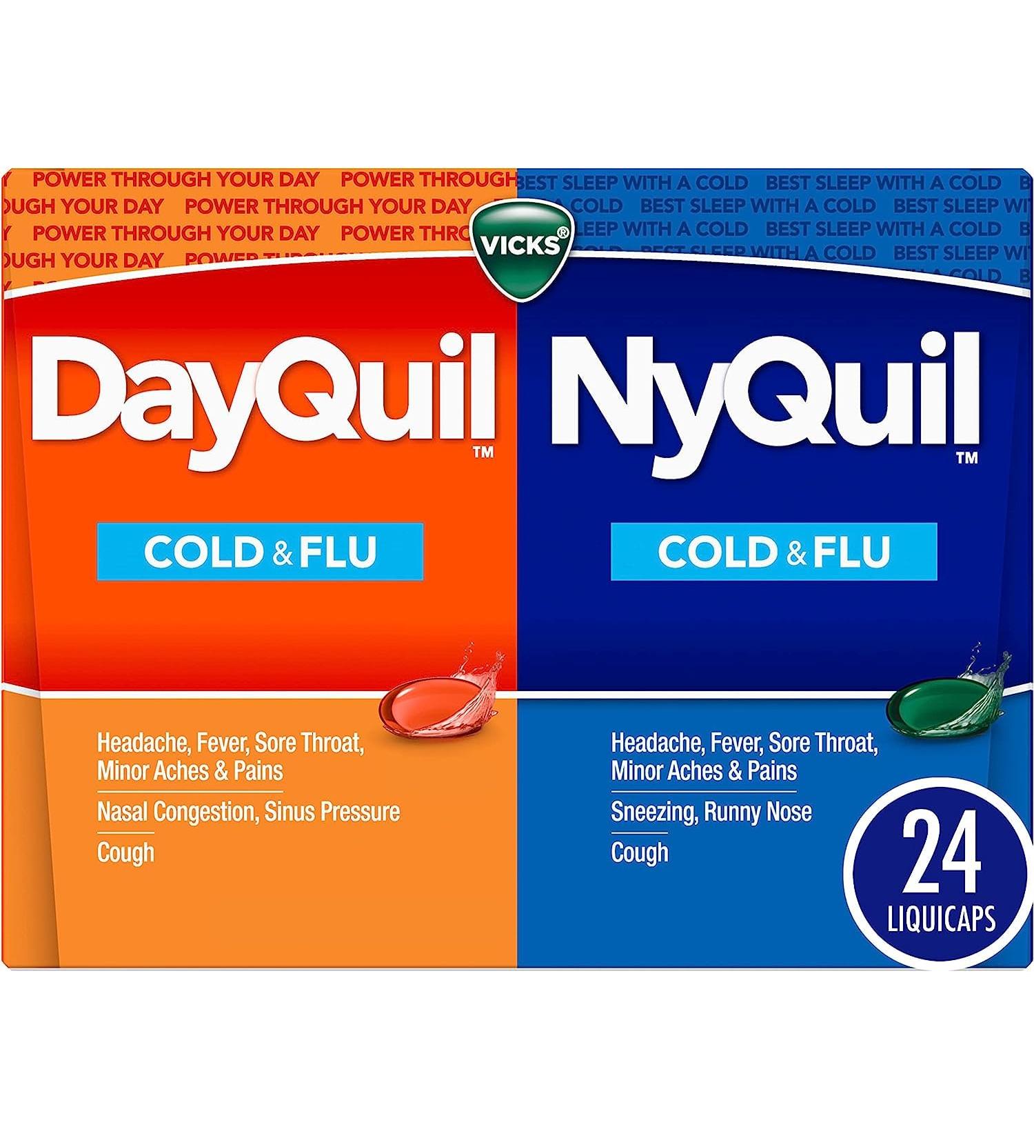 Vicks DayQuil & NyQuil Combo Pack Cold & Flu Medicine - 24 Count - Powerful Relief for Headache, Fever, Sore Throat & Cough - Daytime & Nighttime Formula - Buy Online on GoSupps.com