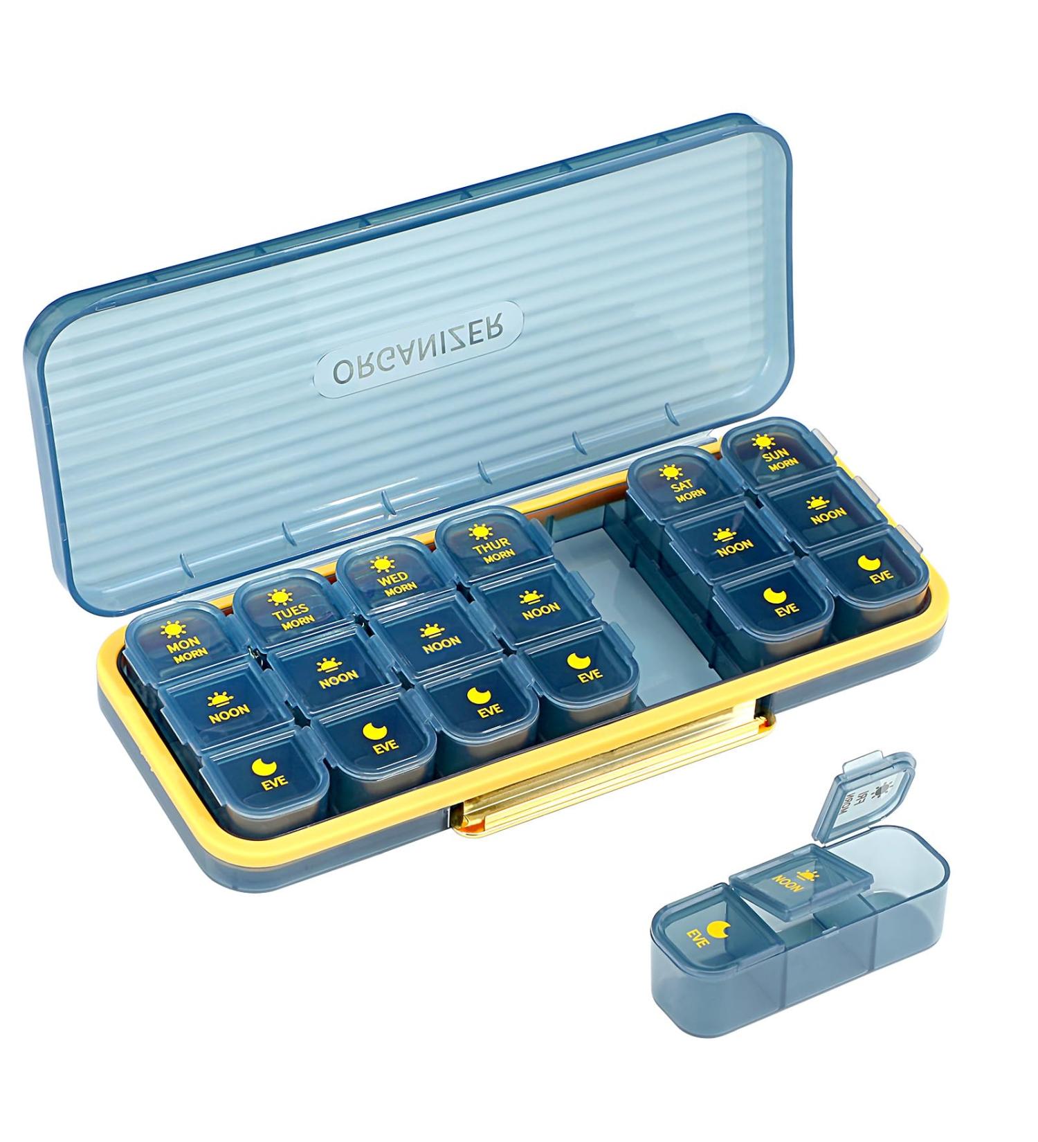 Weekly Pill Organizer - 3 Times a Day 7 Day Travel Medicine Box | Moisture Resistant & Secure Closure for Pills Vitamins Supplements (Blue - Buy Online on GoSupps.com