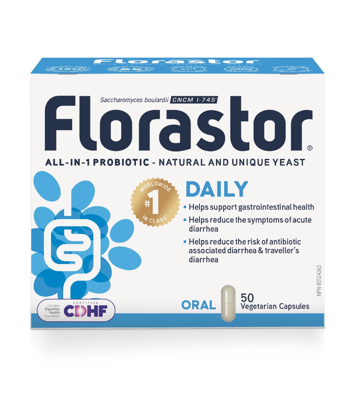 Florastor - Saccharomyces Boulardii CNCM I-745 - Daily All in One Probiotic - Gut Health & Digestive Support - Supports Immune System - The 1 Probiotic in class Worldwide - For Adults & Family 50 caps 50 count (Pack of 1) - Buy Online on GoSupps.com
