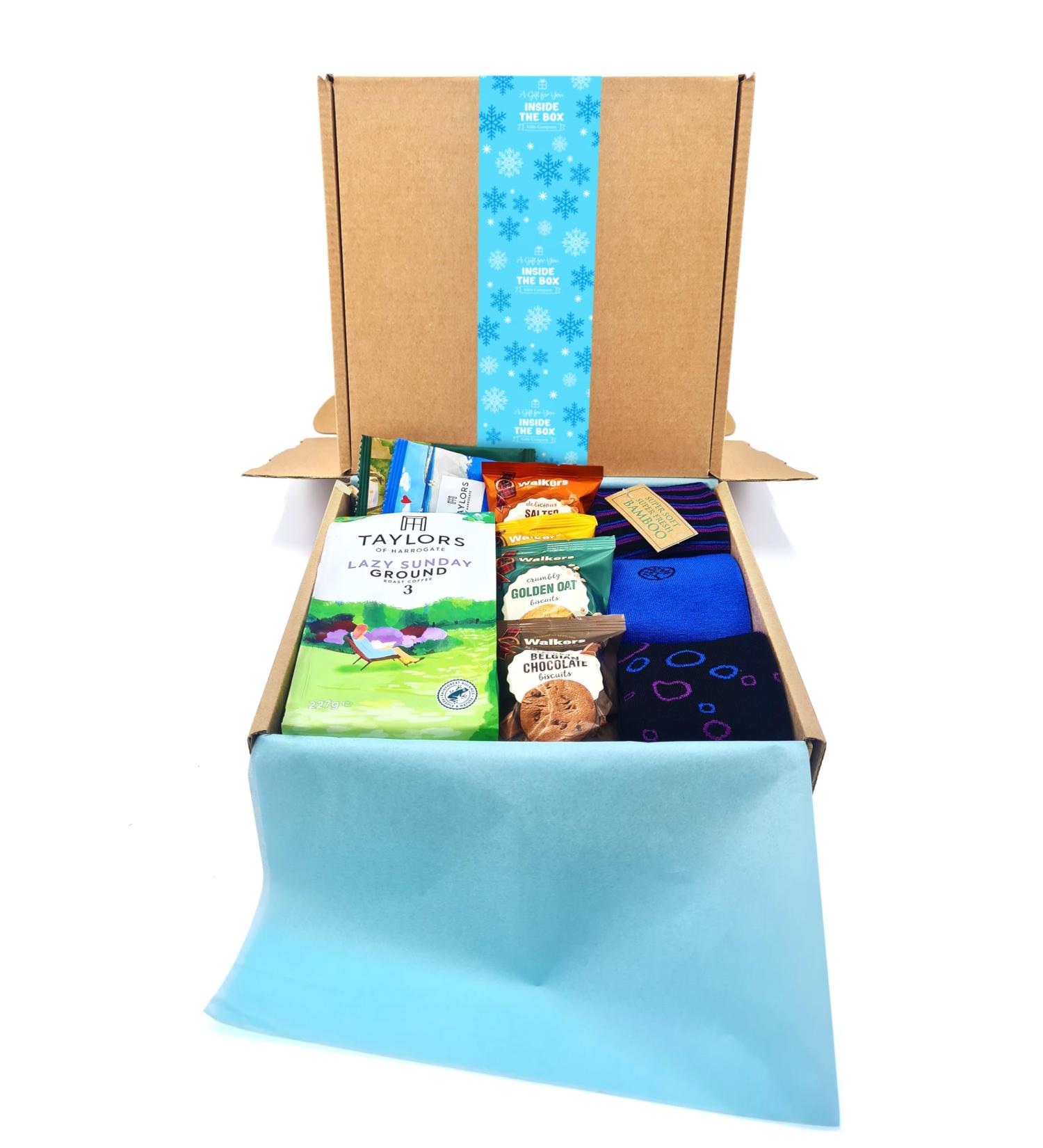Christmas Blue Coffee Gift Box with Biscuits and Bamboo Socks by Inside the Box Gifts (Blue Snowflake) - Buy Online on GoSupps.com