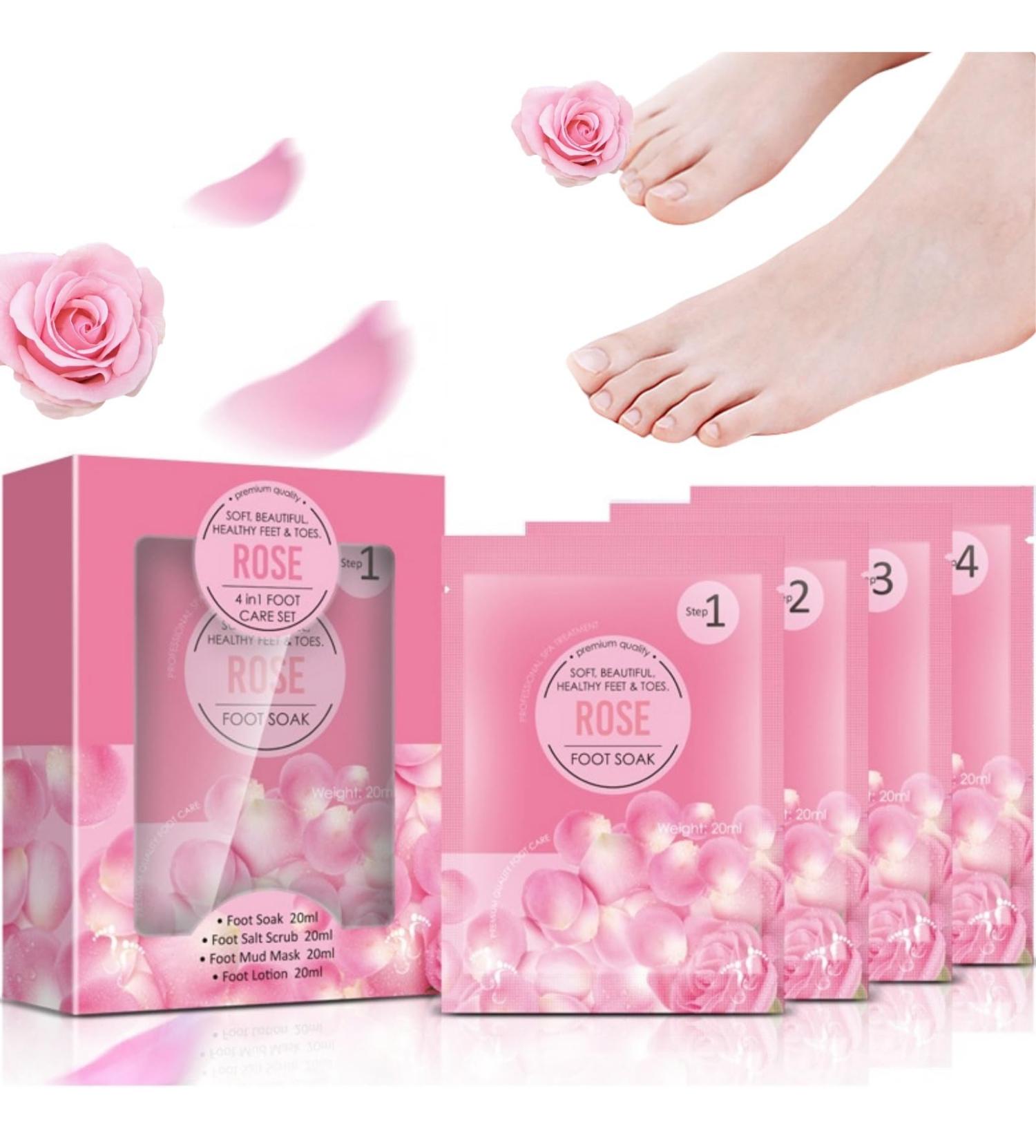 Foot Soak for Foot Spa Rose Foot Spa Salts 4PCS Foot Pack with Foot Soak Foot Scrub Foot Mask Foot Lotion Foot Spa Set for Foot Exfoliator Foot Salts for Foot Spa Foot Salt Bath Jelly Pedicure Packs - Buy Online on GoSupps.com