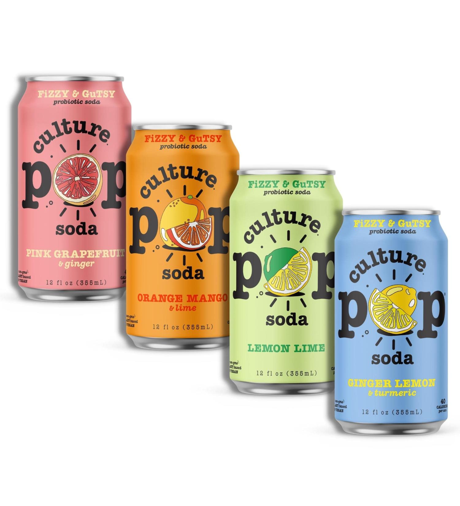 Culture Pop Soda: Sparkling Probiotic Vegan Drink, 40 Calories per Can, 12 Pack, 12 Fl Oz Cans, Zesty & Tarty Variety, Non-GMO, GF, No Added Sugar - Buy Online on GoSupps.com