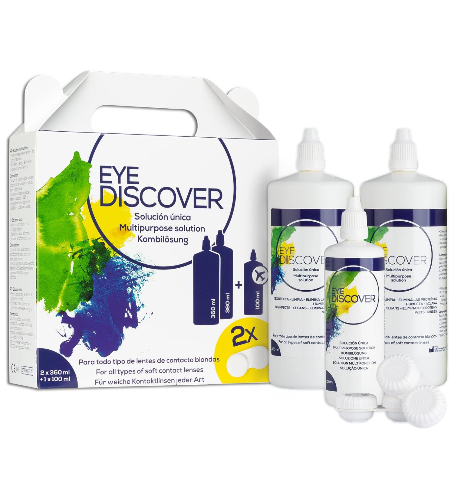 Eye Discover Contact Lens Solution 2 x 360ml Multipurpose Bottles + 1 x 100ml Travel Size - Disinfects, Cleans, Removes Protein, Moistens and Rinses - Soft Contact-Lens Solution - Buy Online on GoSupps.com