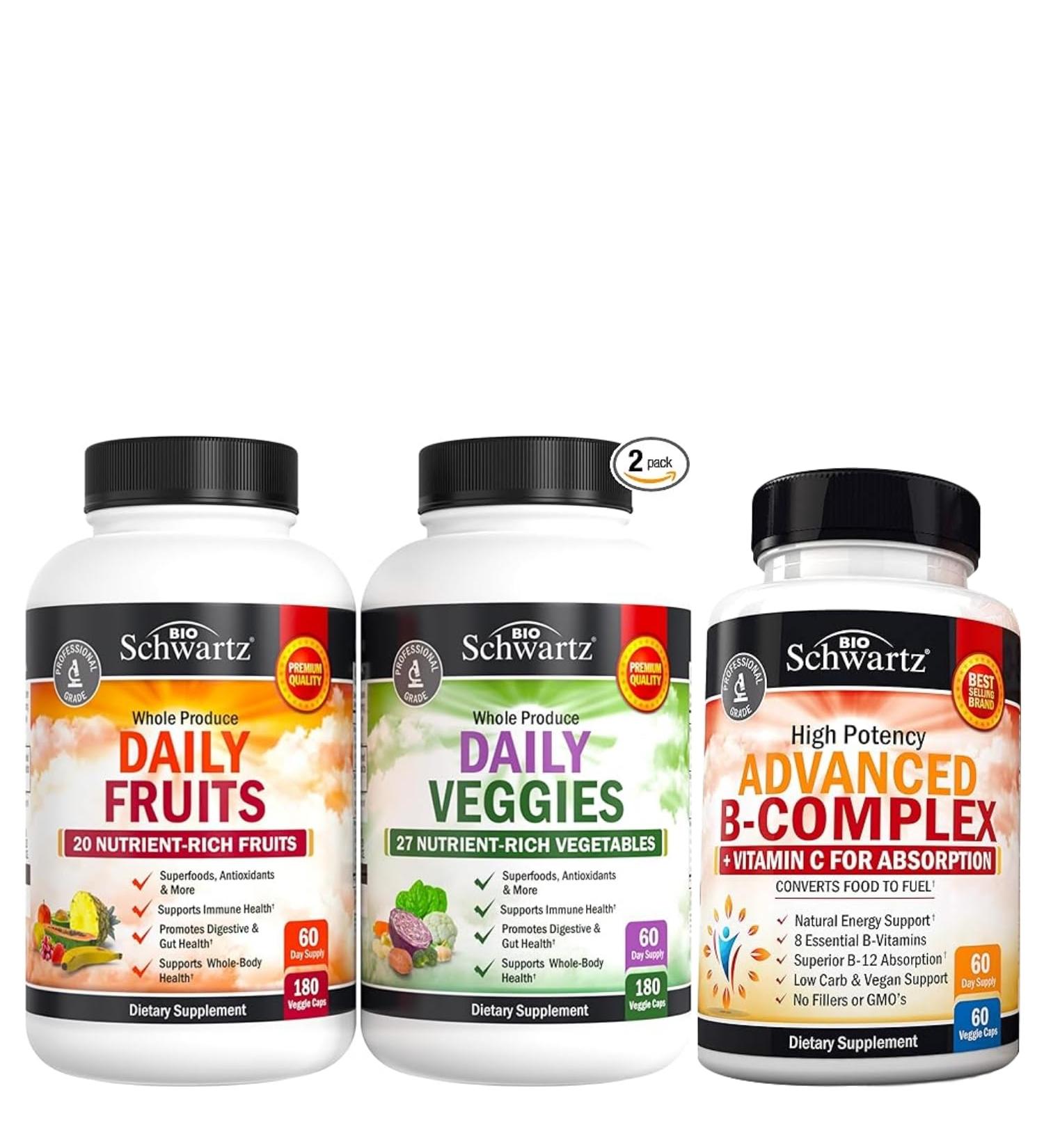 BioSchwartz Daily Fruits and Veggies Supplement for Women and Men (2 Month Supply) Plus Vitamin B Complex with Vitamin C (2 Month Supply) - Buy Online on GoSupps.com