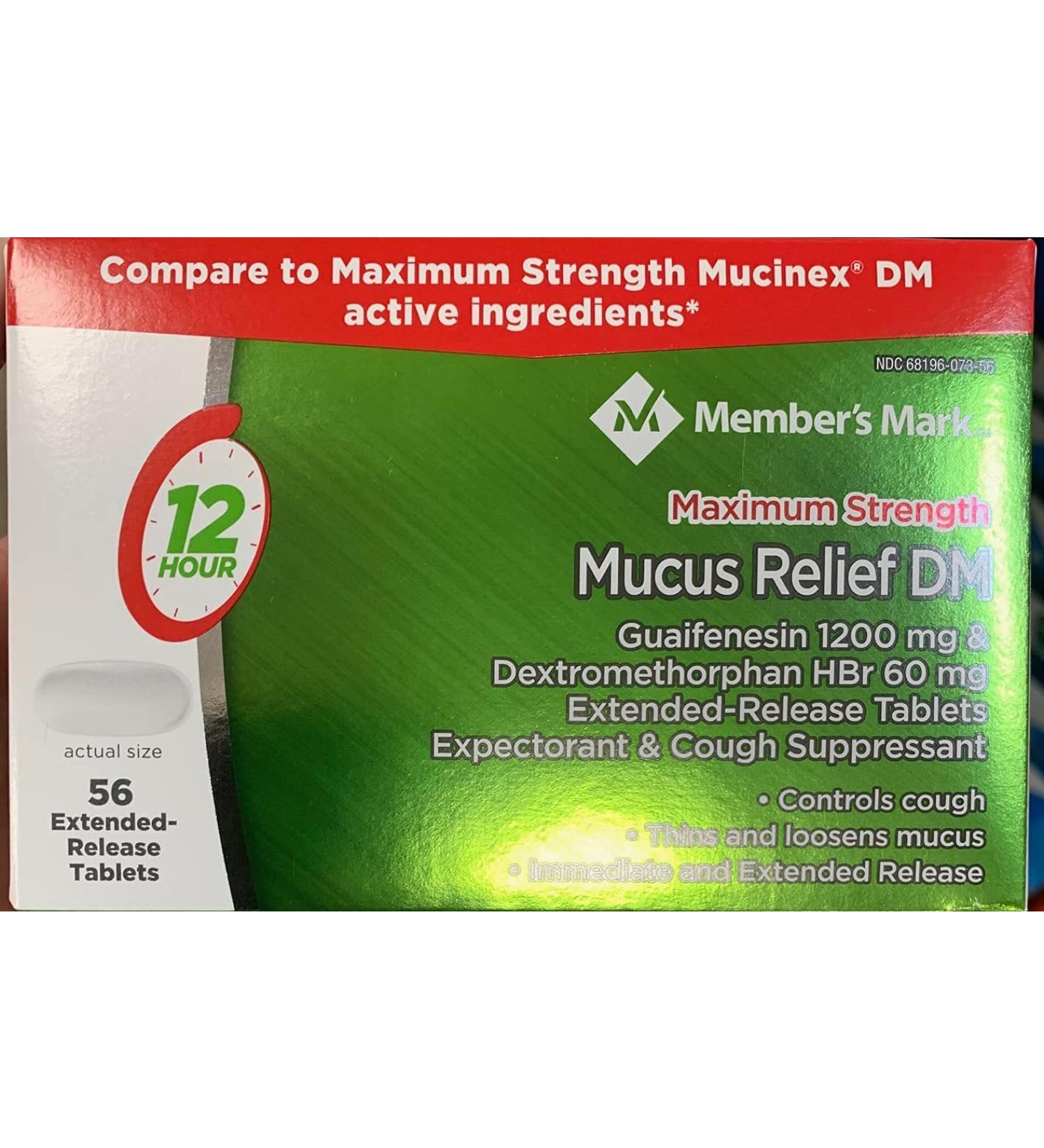 Member's Mark Mucus Relief Maximum Strength Guaifenesin 1200mg Dextromethorphan HBr 60mg 56 Tablets