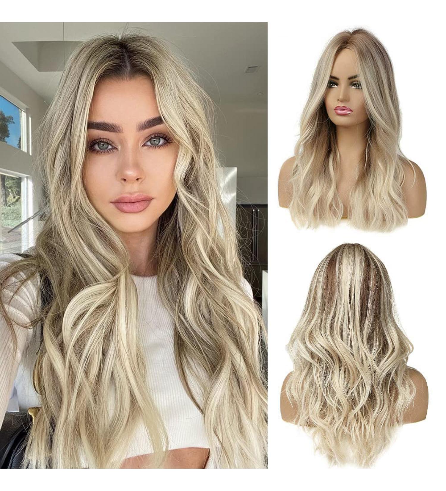 CHRSHN Platinum Blonde Ombre Long Wavy Synthetic Wig 22 Inches - Heat Resistant Fiber - Middle Part - Light Brown Mix - Buy Online on GoSupps.com
