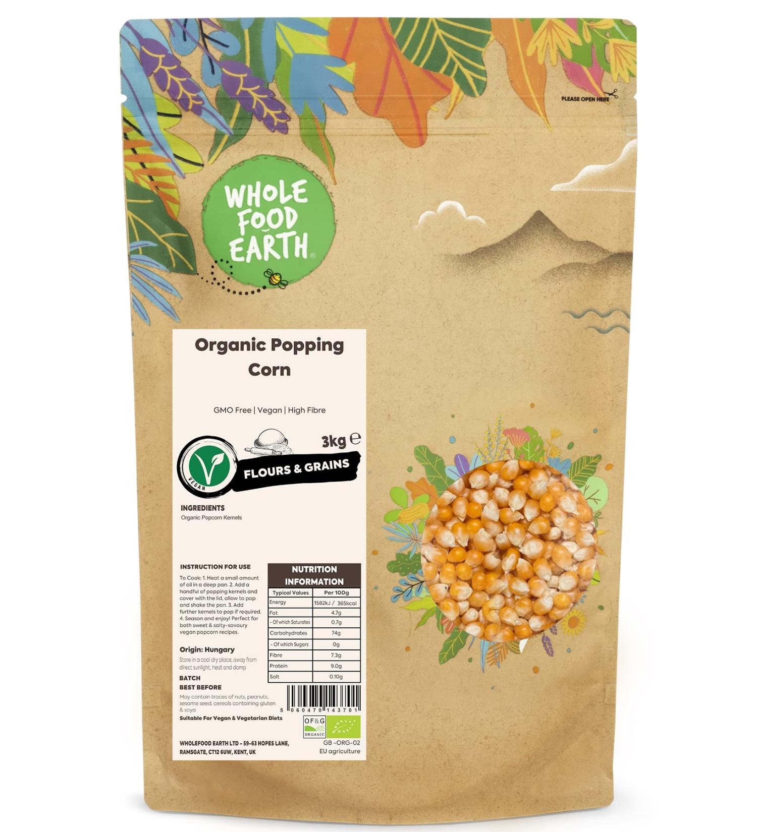 Wholefood Earth Organic Popping Corn 3kg - GMO Free, Vegan, High Fibre | Certified Organic Salted 3.00 kg - Buy Online on GoSupps.com