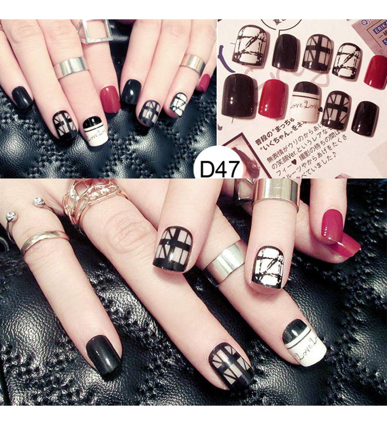 Mezerdoo 24Pcs Cute Fake False Nails Line Love Heart Various Styles Fashion Short Size Press on Nail Art Tips Faux Artificia Art Set (D47) - Buy Online on GoSupps.com