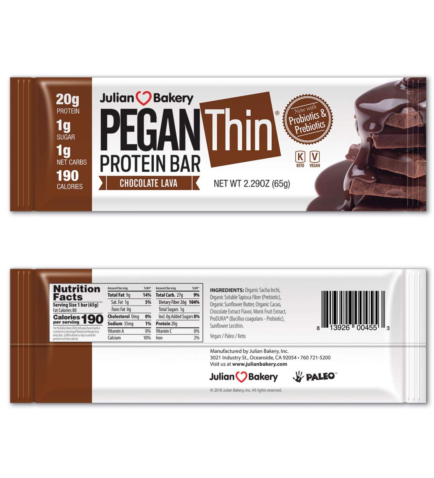 Julian Bakery Pegan Thin Protein Bar - Chocolate Lava (12 Bars, 2.29 oz Each) | Low Carb, High Protein Snack - Buy Online on GoSupps.com