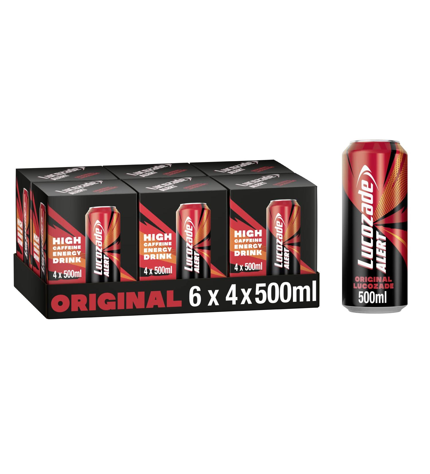 Lucozade Energy Alert Original 6x4x500ml- can High Caffeine Energy Drink Naturally-sourced caffeine Great Taste Contains vitamin B3 to help reduce tiredness Fully recyclable - Buy Online on GoSupps.com