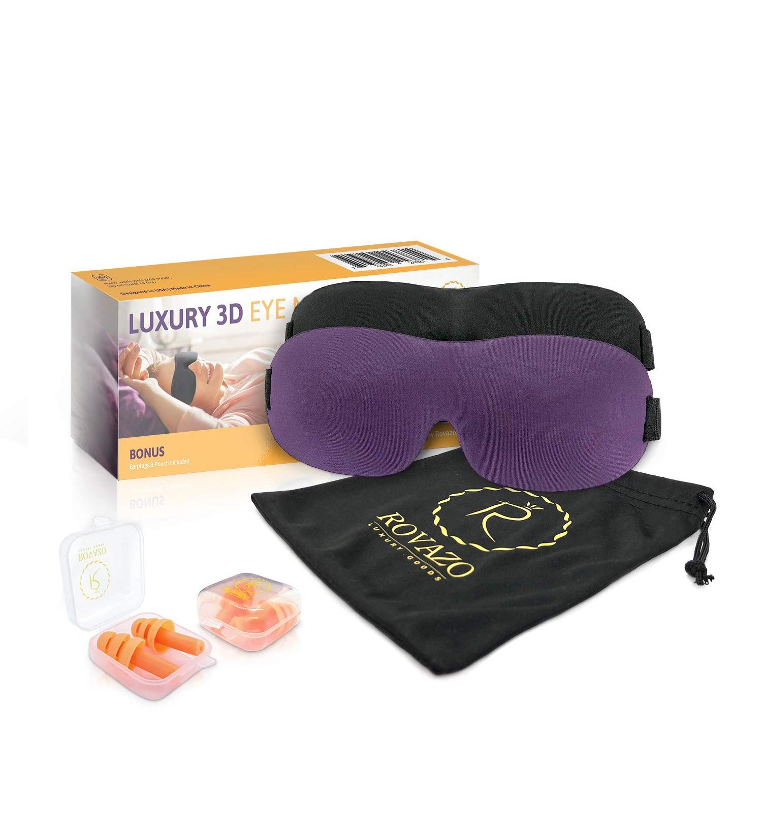ROVAZO 3D Sleep Mask and Ear Plug Travel Set 2 Pack - Contoured Adjustable Eye Shades with Comfortable Silicone Ear Plugs - Ideal for Planes and Naps - Bonus Pouch - Buy Online on GoSupps.com