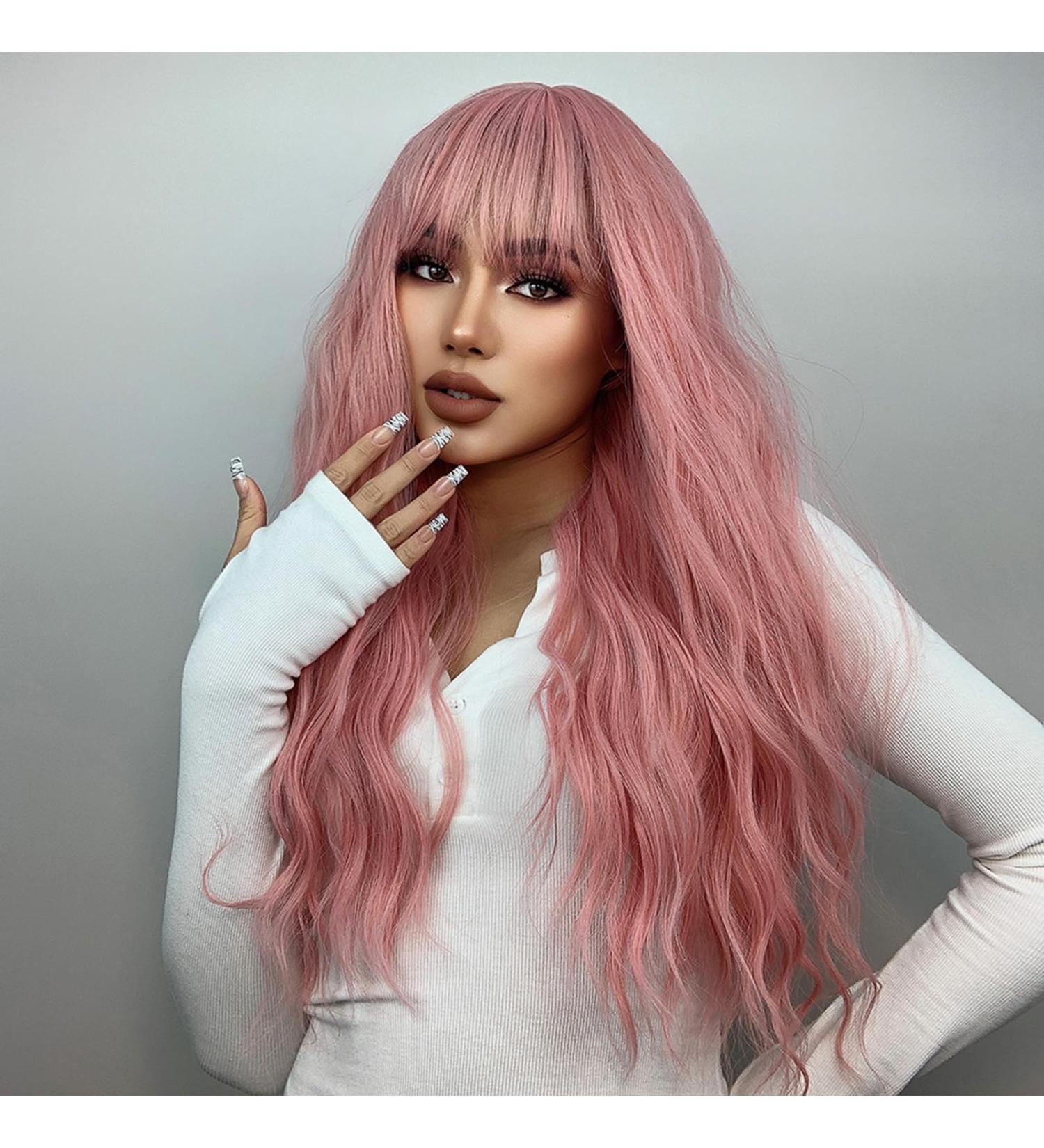 Pretfy 26 Long Pink Curly Wig with Air Bangs - Heat Resistant Synthetic Wig for Women - Ideal for Cosplay, Parties, Halloween - Pink-1 - Buy Online on GoSupps.com