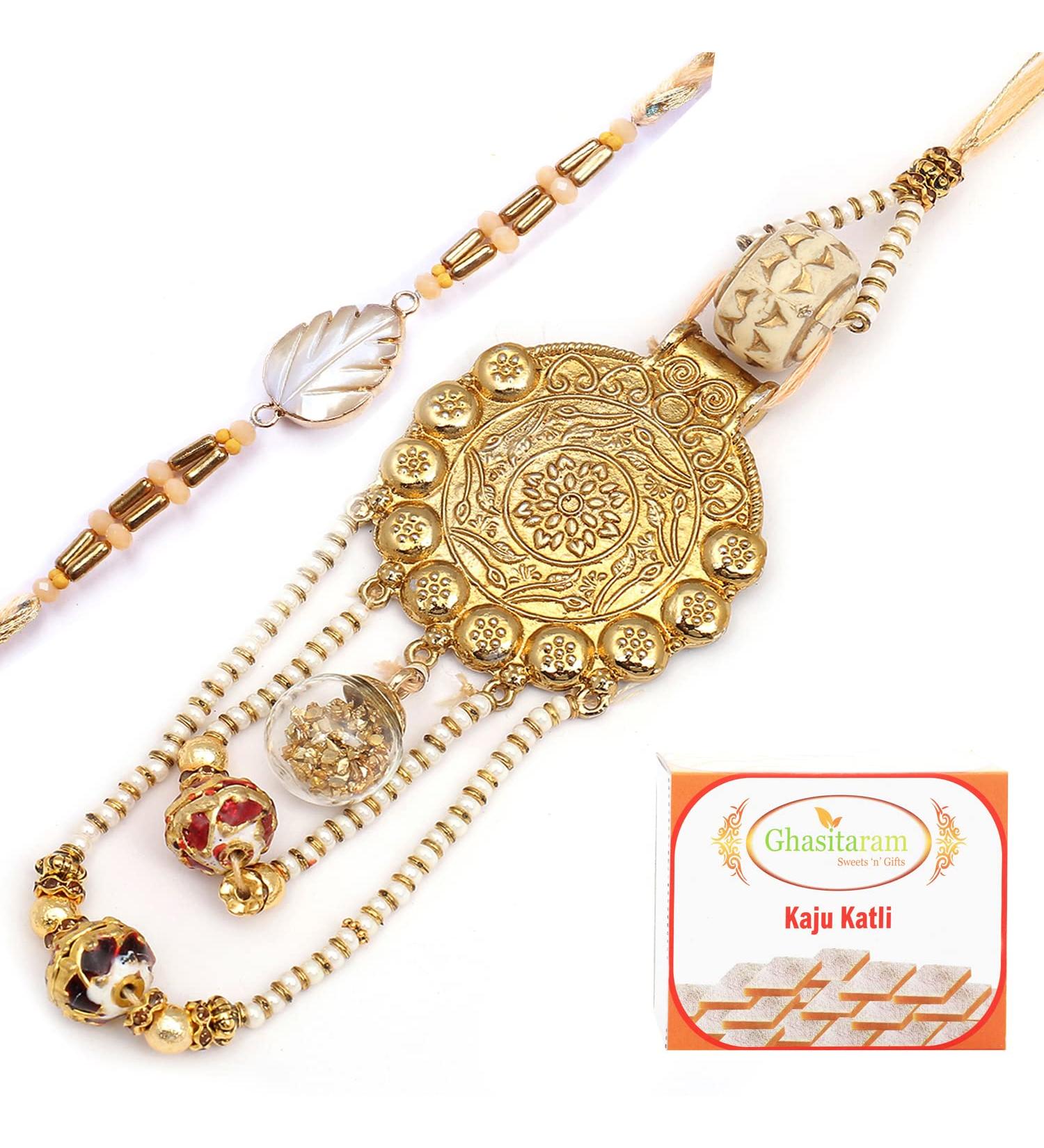 Ghasitaram Gifts Rakhis Online - Rakhi for Brother-RM-111 Bhaiya Bhabhi Rakhi with 200 GMS of Kaju katli Rakhi Set with 200 gms of Kaju katli - Buy Online on GoSupps.com