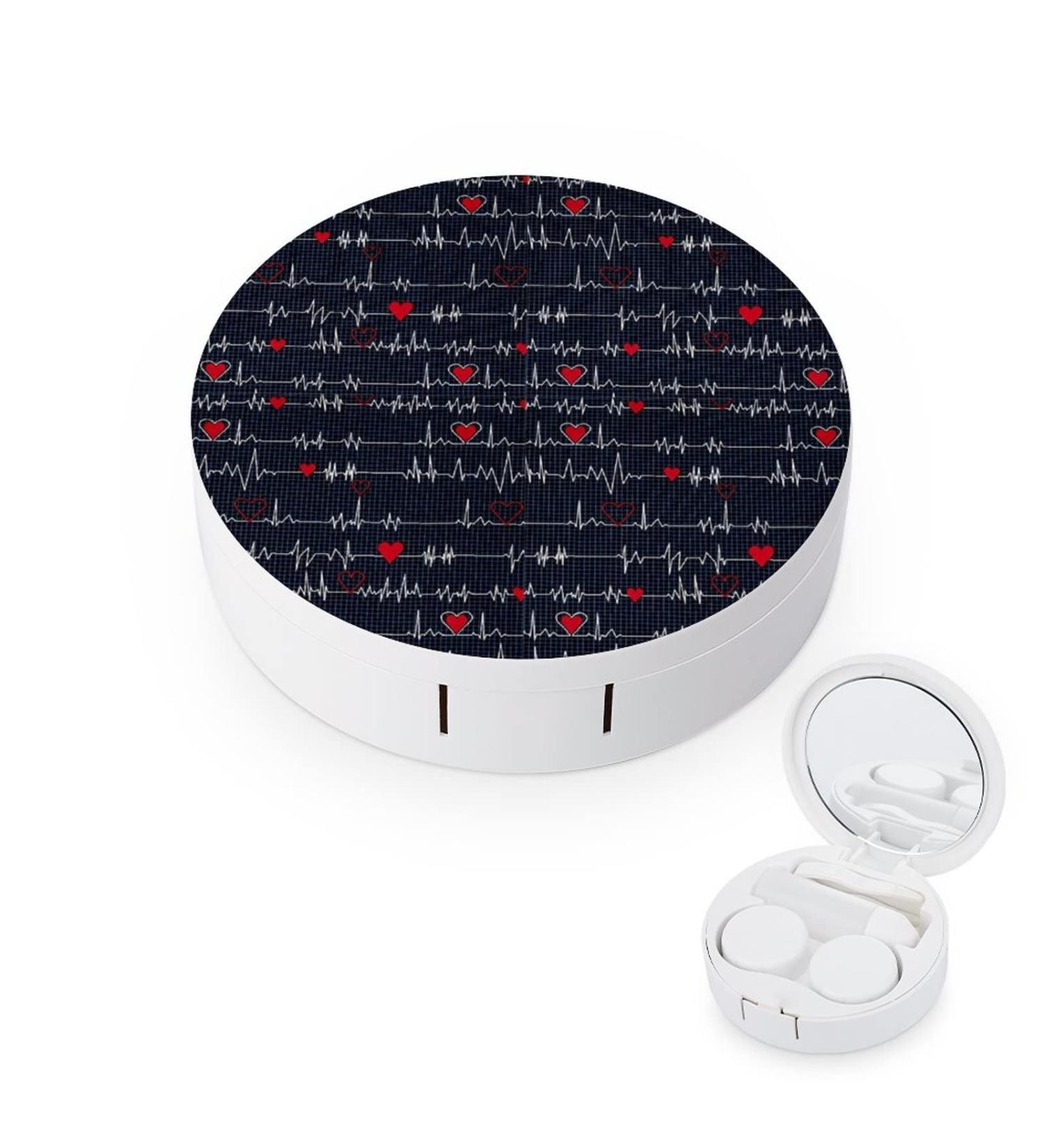 Heart Beat Pattern Round Case For Contact Lens Kit Storage Box with Mirror Printed - Buy Online on GoSupps.com