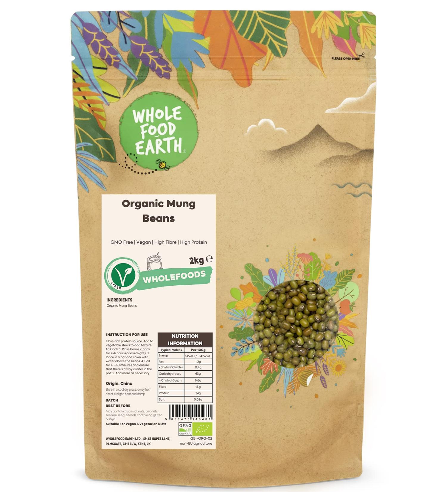 Organic Mung Beans 2kg - GMO Free, Vegan, High Fibre & Protein | Certified Organic | Wholefood Earth - Buy Online on GoSupps.com