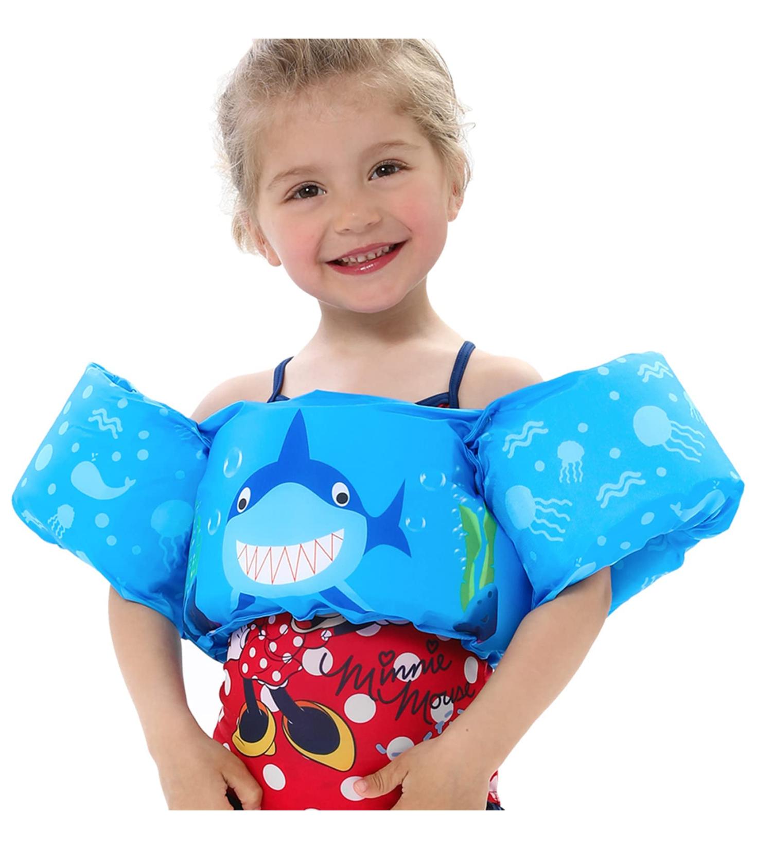 Cartoon Toddler Swim Vest with Sleeves | Adjustable Swimming Jacket for Kids 20-50 lbs | Blue Shark Design - Buy Online on GoSupps.com