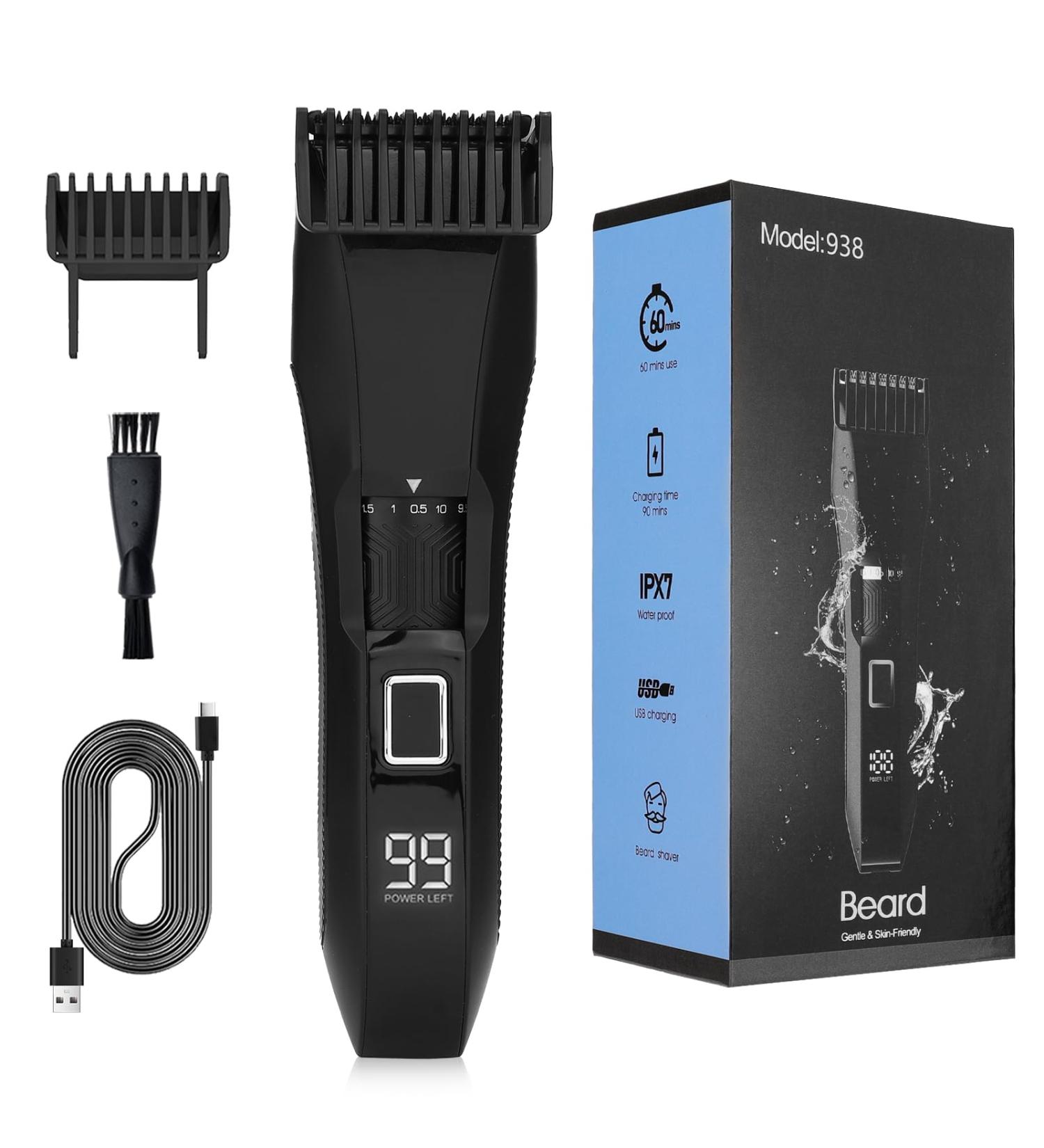 Men's Beard Trimmer - 20 Length Adjustable Stainless Steel T-Blade Cordless IPX7 Waterproof with LED Display - Buy Online on GoSupps.com