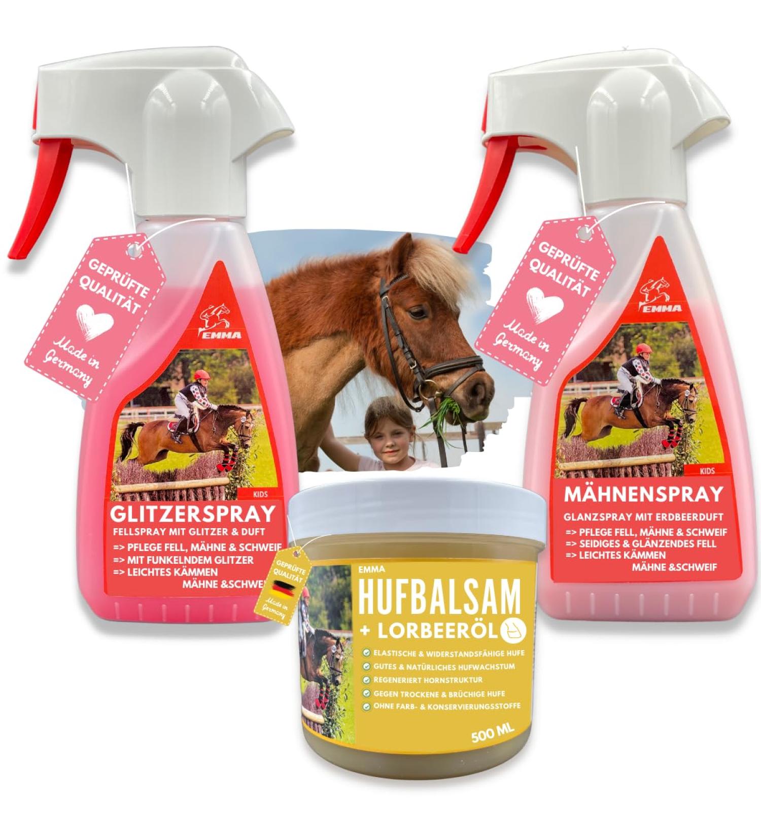 EMMA Horse Care Set of 3 Horse Glitter Spray Hoof Grease in Pink with Strawberry Scent & Glitter Mane Spray for Fur Mane and Tail for Horses Grooming Box - Buy Online on GoSupps.com