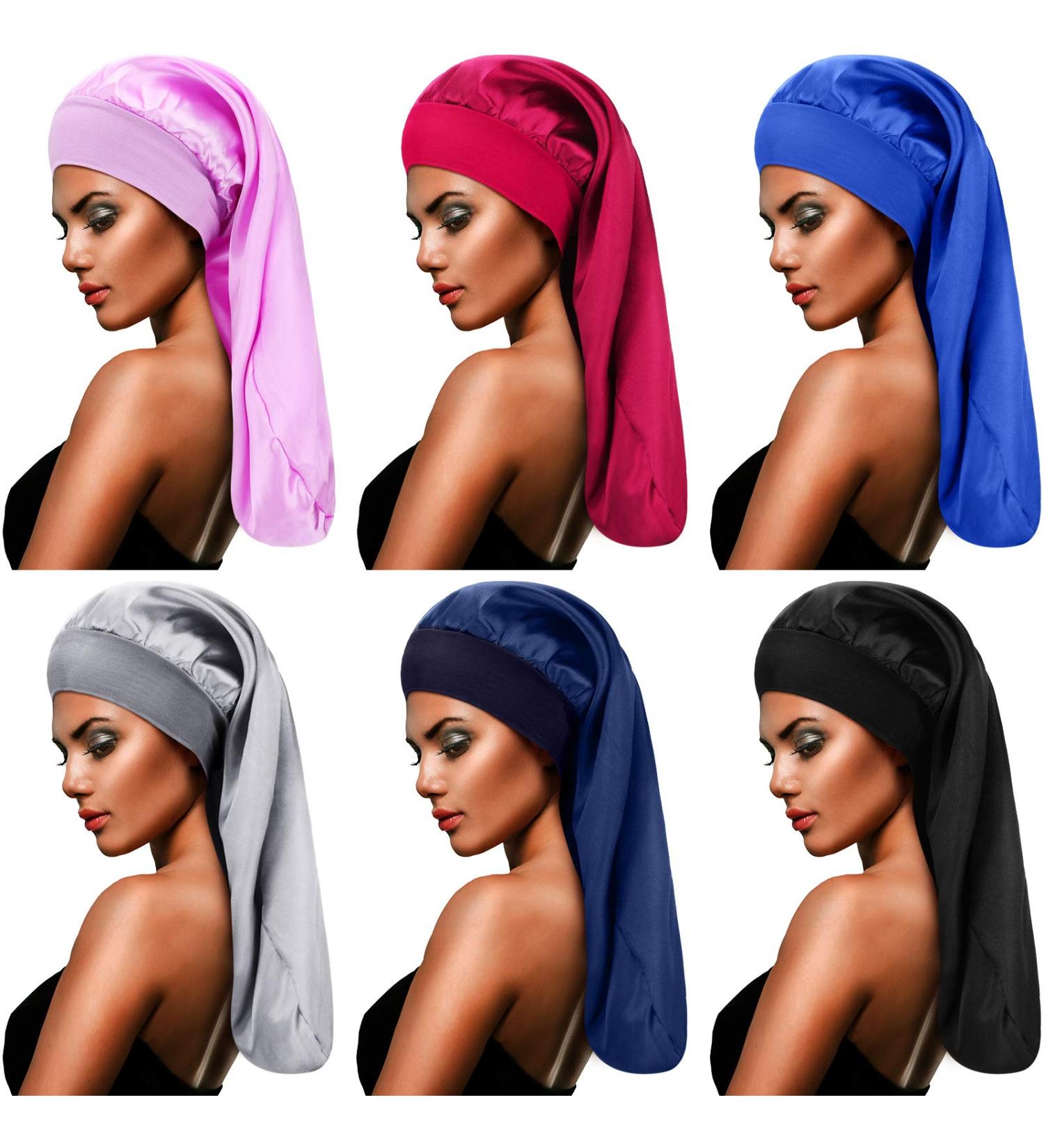 6-Piece Extra Large Satin Bonnet Set for Women with Long Curly Hair - Silk Night Sleep Cap for Braids - Solid Color - Elastic Band for Comfort - Buy Online on GoSupps.com