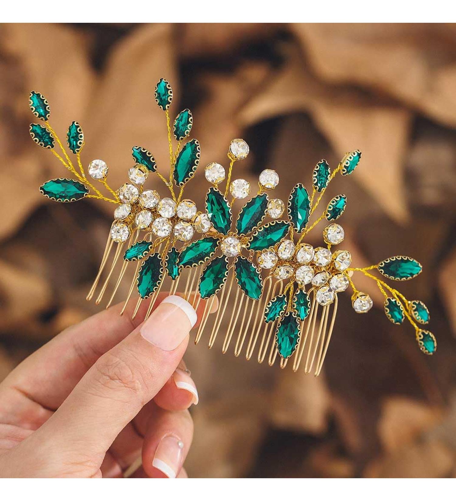 IYOU Crystal Wedding Hair Comb Green Rhinestone Headpiece Bride Bridal Hair Accessories for Women - Buy Online on GoSupps.com