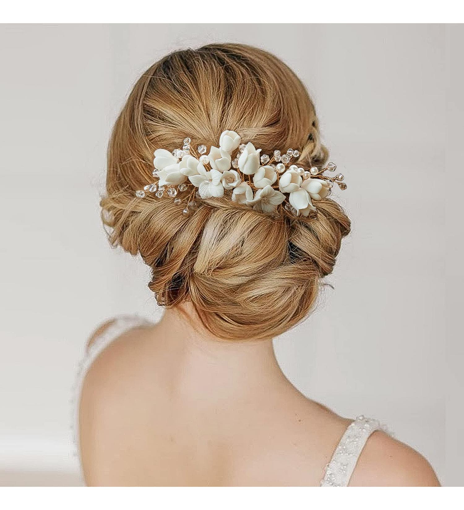 Sooshin Porcelain Flower Bridal Hair Comb with Pearl and Crystal Accents - Gold Wedding Headpiece for Bride and Bridesmaids - Buy Online on GoSupps.com