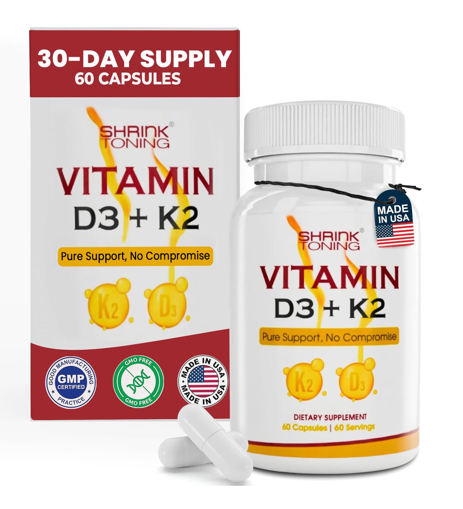 shrink Toning Vitamin D3 + K2 Supplement 125 mcg Vitamin D & 100 mcg K Immune & Bone Support Non-GMO Gluten-Free 60 Capsules - Buy Online on GoSupps.com