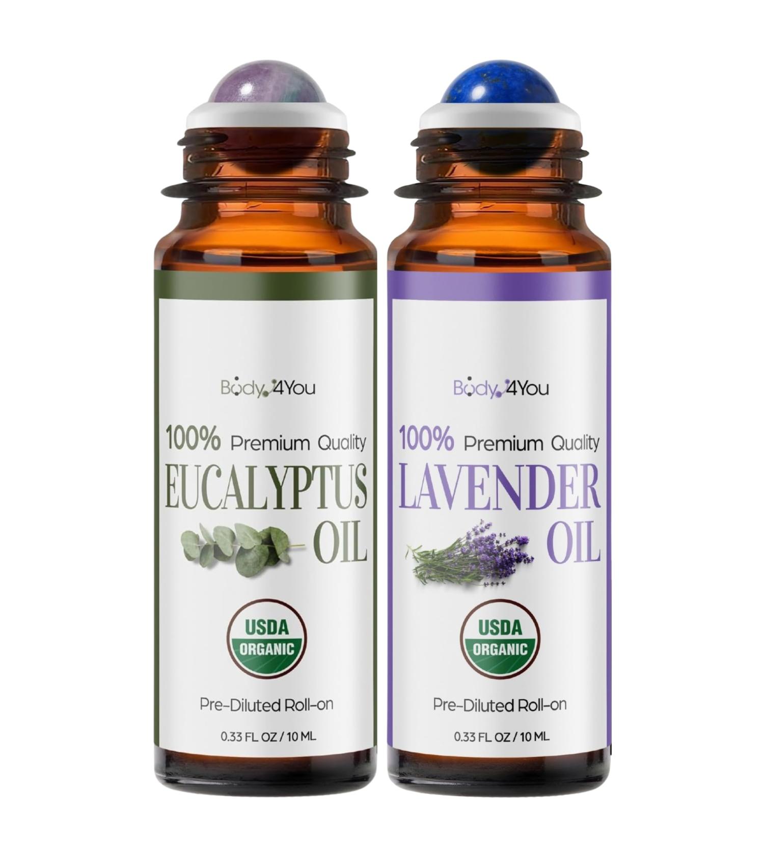 BodyJ4You Eucalyptus + Lavender Essential Oil Roll On Duo - USDA Organic MCT Coconut Oil - Fluorite and Amethyst Stone Rollers - Cooling Calm Sleep Pulse Points - Amber Glass Rollers (2 x 10ml) - Buy Online on GoSupps.com