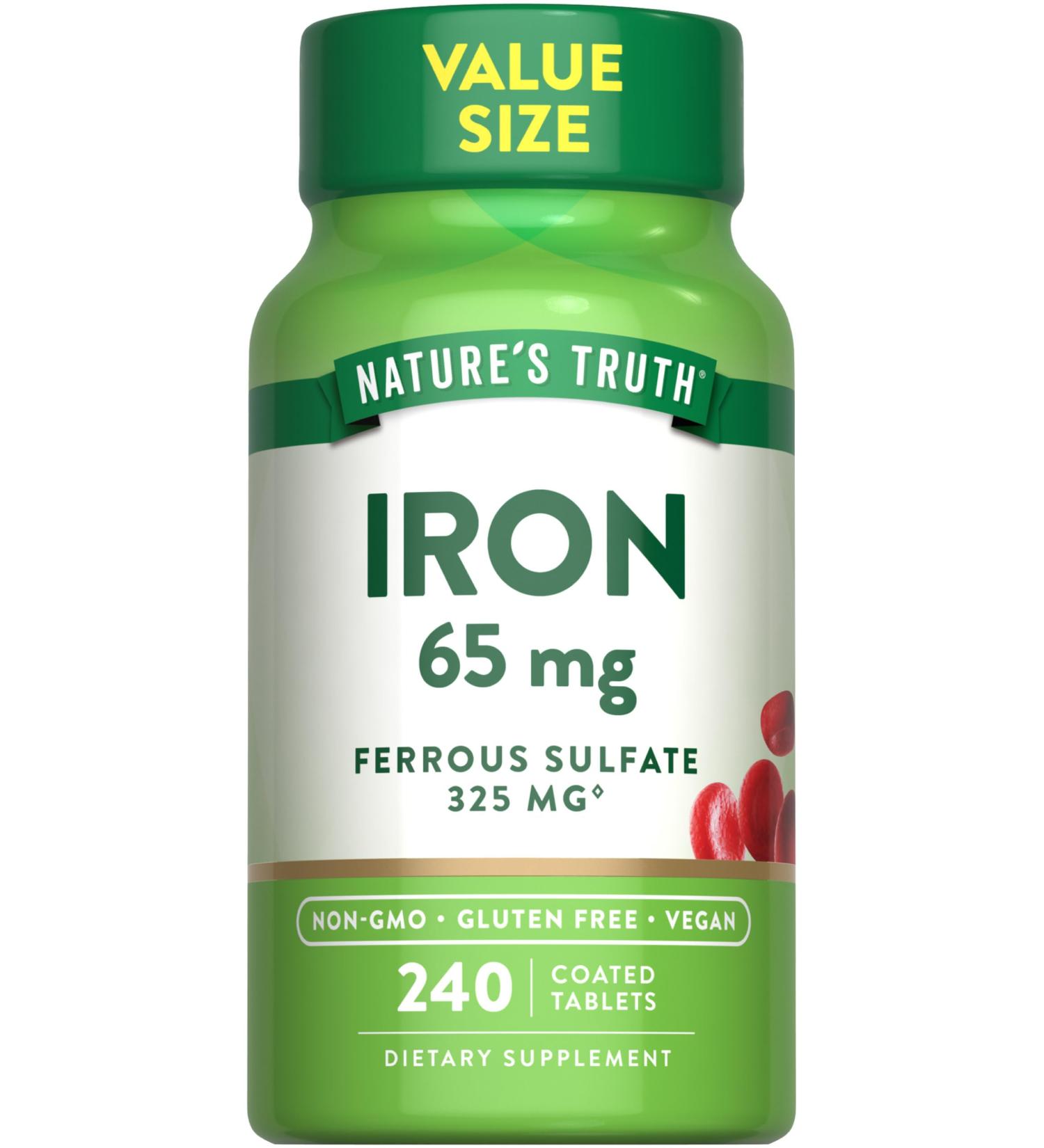 Nature's Truth Iron Tablets 65mg | 240 Count | 325mg Ferrous Sulfate | Vegan Non-GMO & Gluten Free Supplement - Buy Online on GoSupps.com
