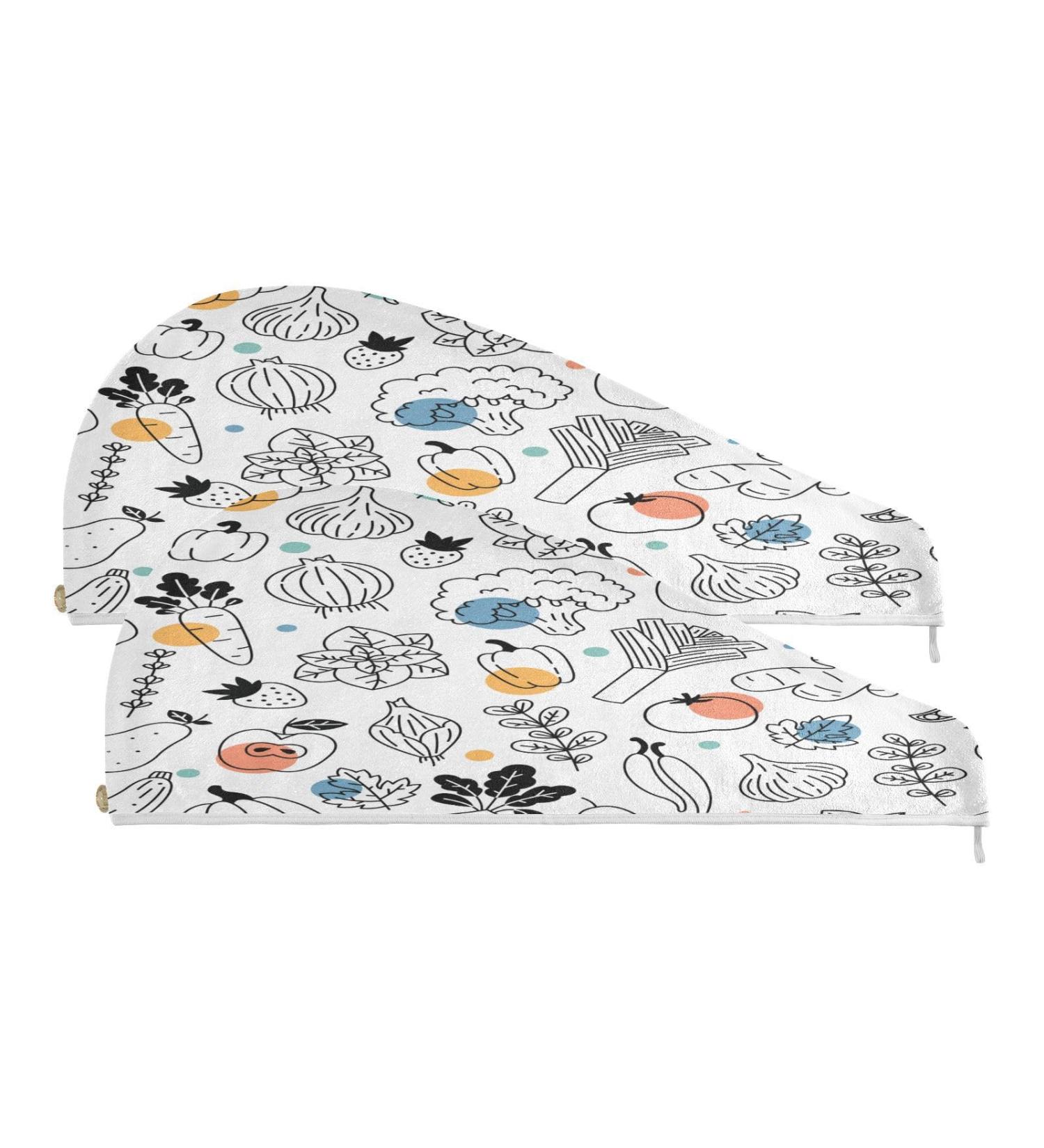 Doodle Vegetables & Fruits Dry Hair Cap Set - 2 Piece Quick Drying Towel with Button Headband Super Absorbent & Soft Comfort - Buy Online on GoSupps.com