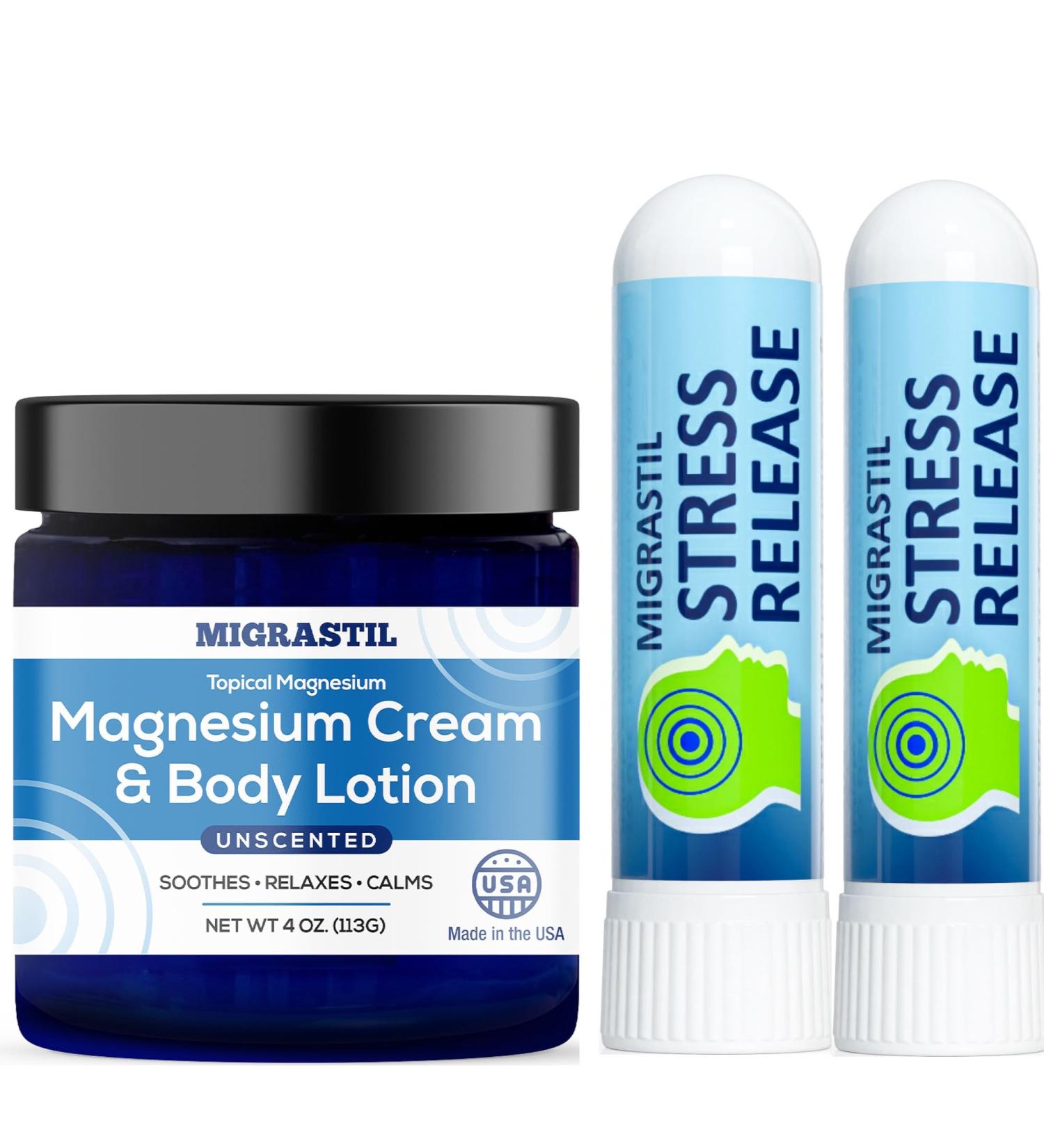 MIGRASTIL Unscented Magnesium Cream and Stress Release Inhaler 2-Pack Bundle. Made in The USA. - Buy Online on GoSupps.com