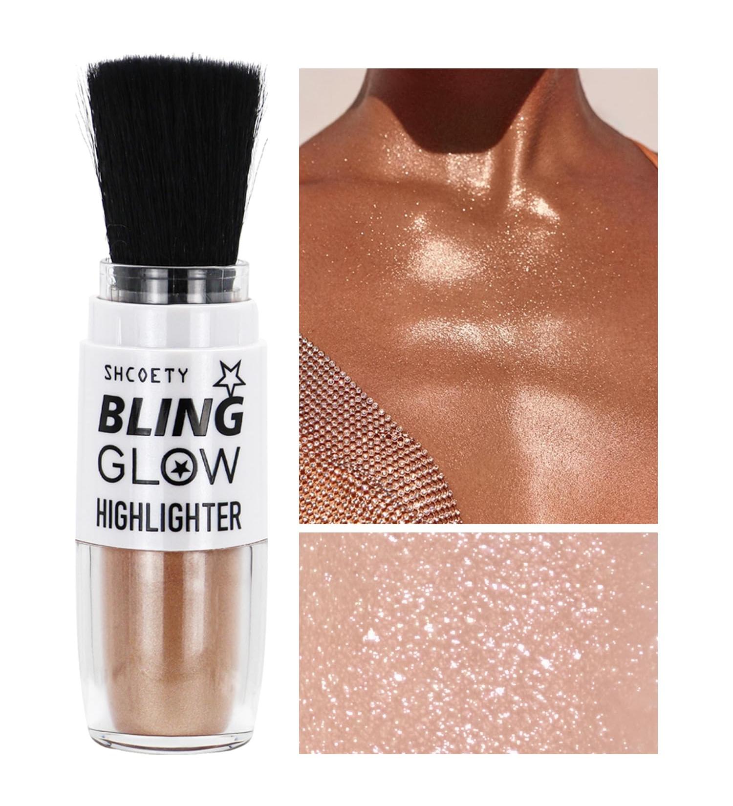 Glitter Powder Highlighter Makeup - Champagne Shimmer Body & Face Blusher | 3D Brightening Glitter Brush Powder - 1 oz - Buy Online on GoSupps.com