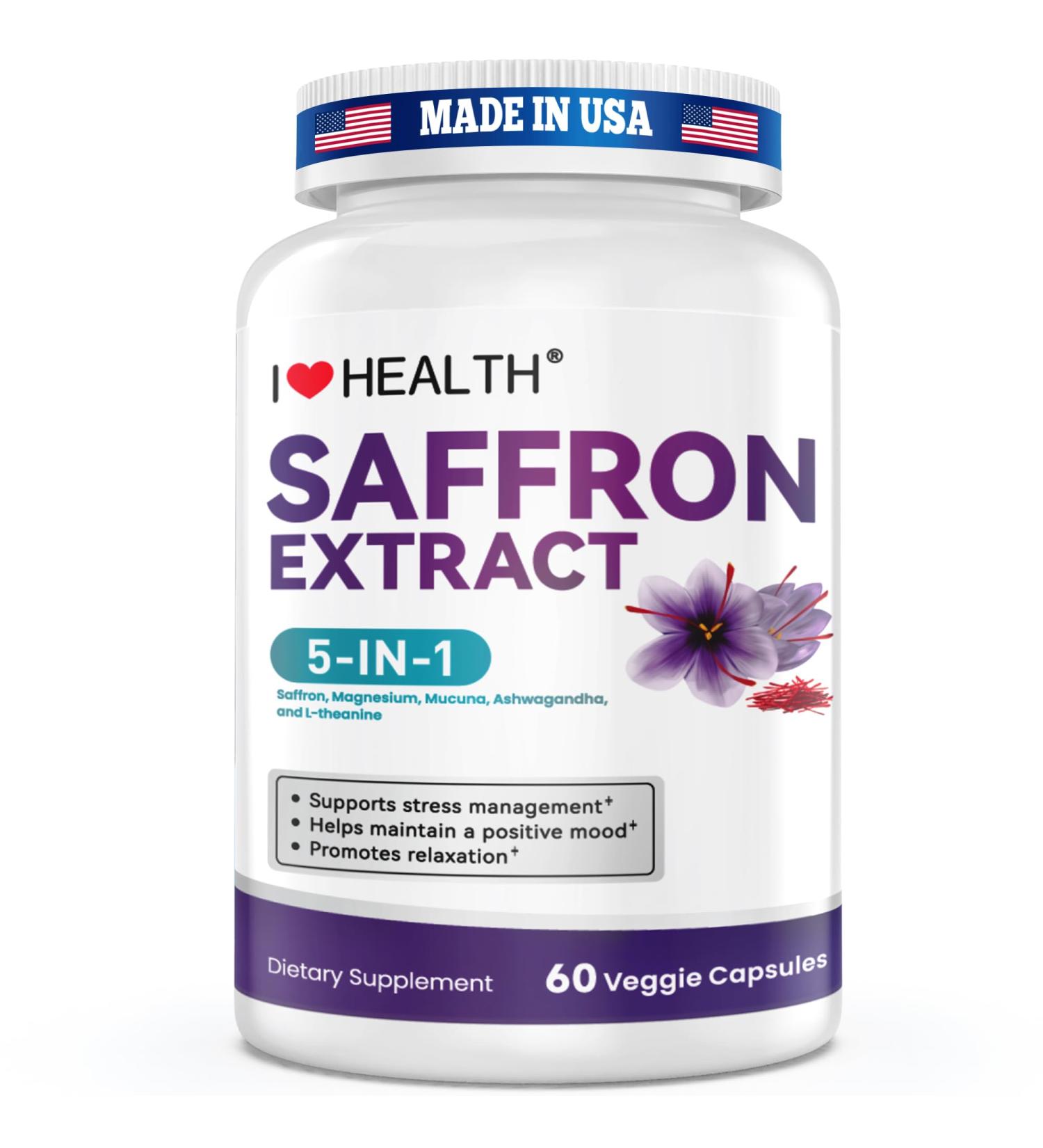 I LOVE HEALTH Saffron Supplement Safranal with Ashwagandha & L-Theanine for Stress Relief Calm Mood & Emotional Balance Made in USA 60 Capsules - Buy Online on GoSupps.com
