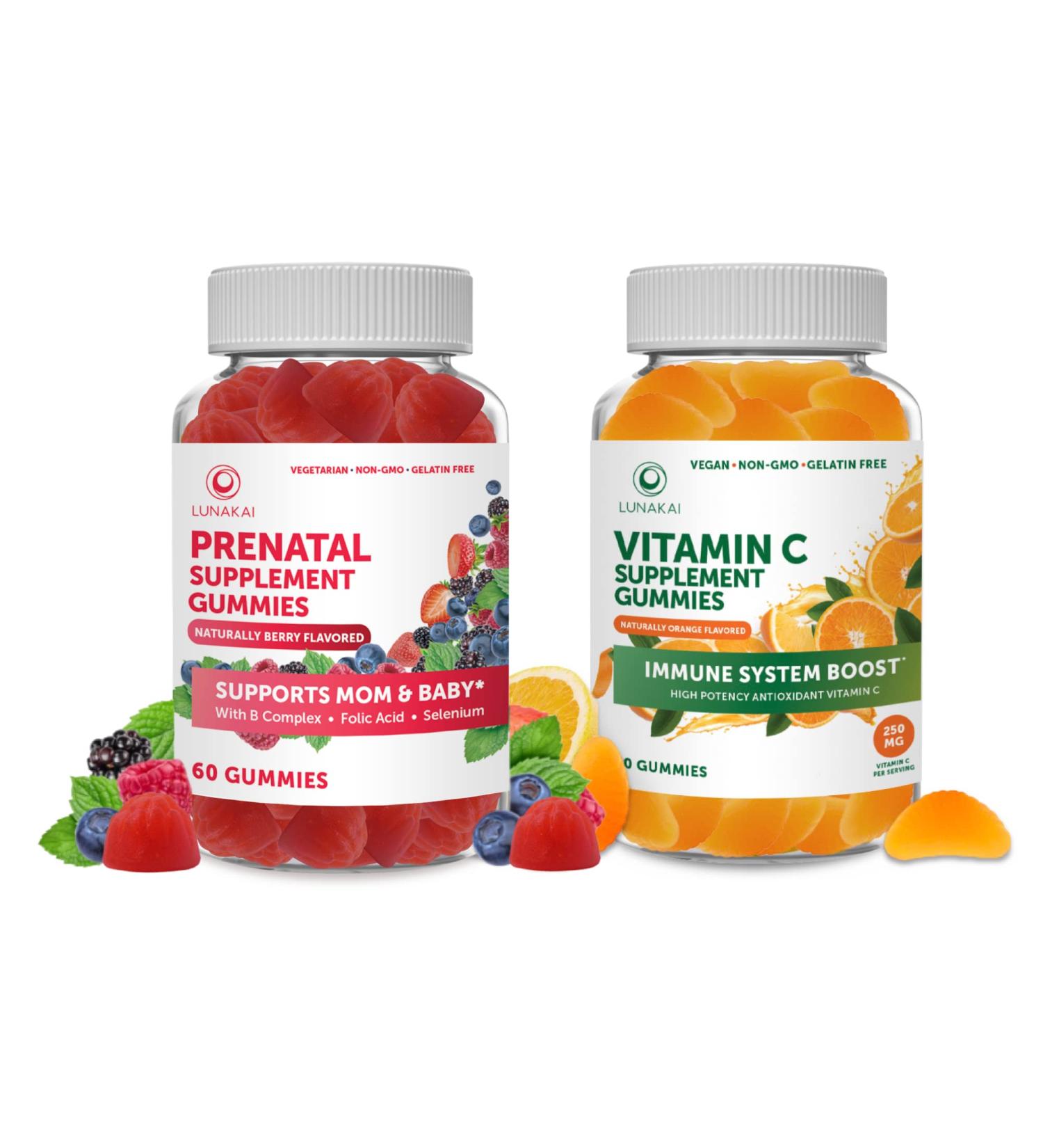 Prenatal Vitamins & Vitamin C Gummies Bundle - Iron and Folic Acid Chewables - Vegan & Organic - 30 Day Supply - Buy Online on GoSupps.com
