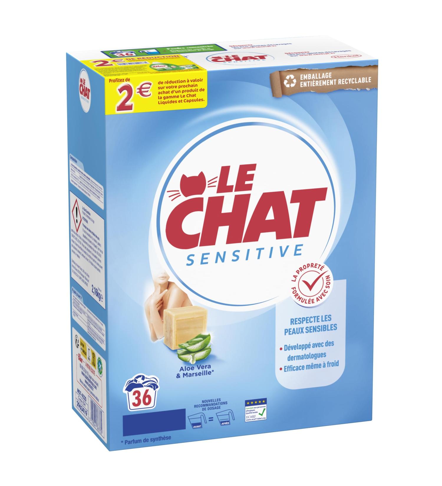 Le Chat - Sensitive Detergent Powder Respects Sensitive Skin - Developed with Dermatologists - Effective Even in Cold M