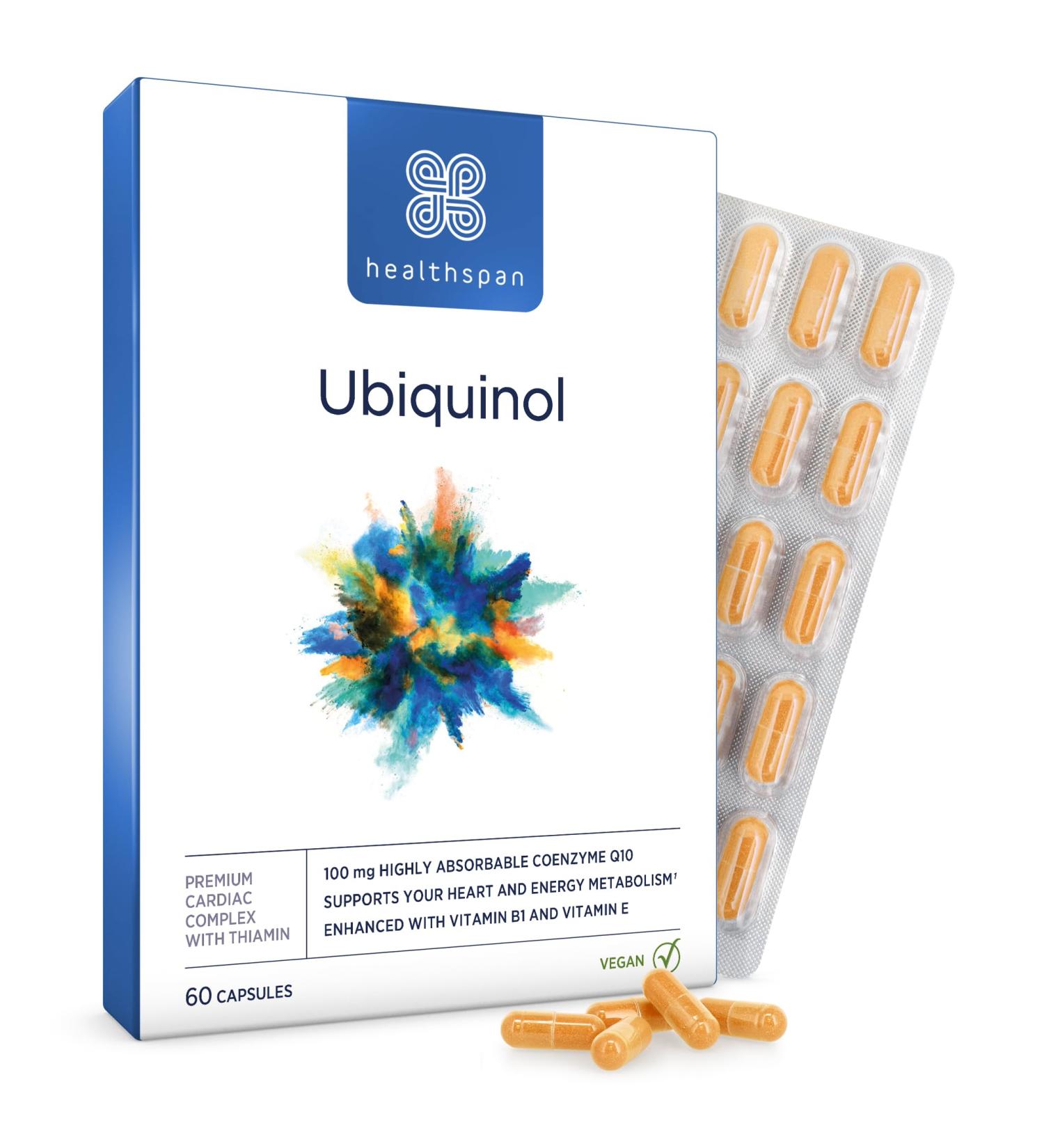Healthspan Ubiquinol 100mg - 60 Vegan Capsules | Coenzyme Q10 & Vitamin B1 for Heart Health & Energy Metabolism - Buy Online on GoSupps.com