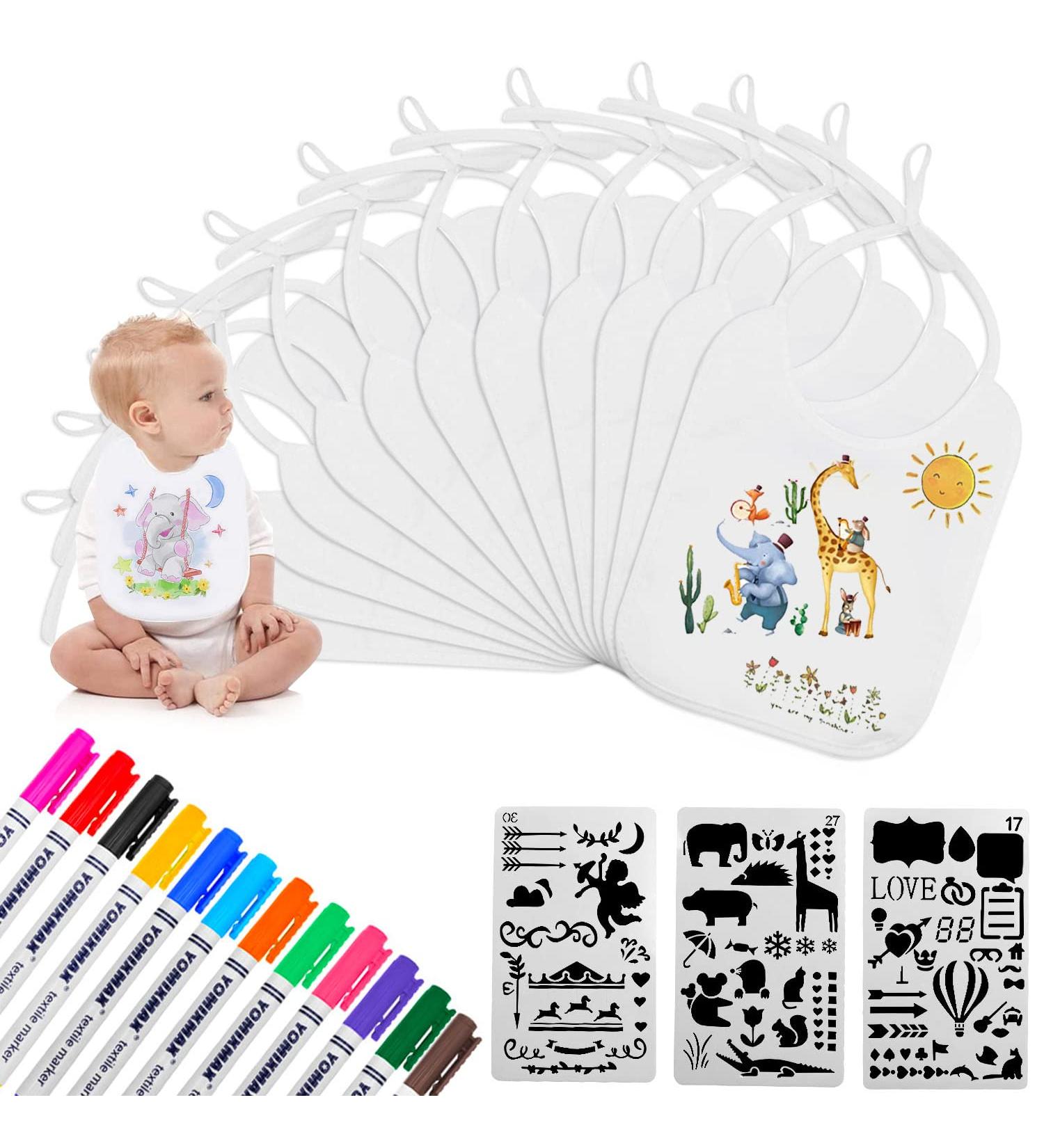 Aohcae 12-Piece Baby Shower Bib Set | Paintable Bibs Textile Pens & Stencils for Fun Baby Shower Games - Perfect for Girls - Buy Online on GoSupps.com