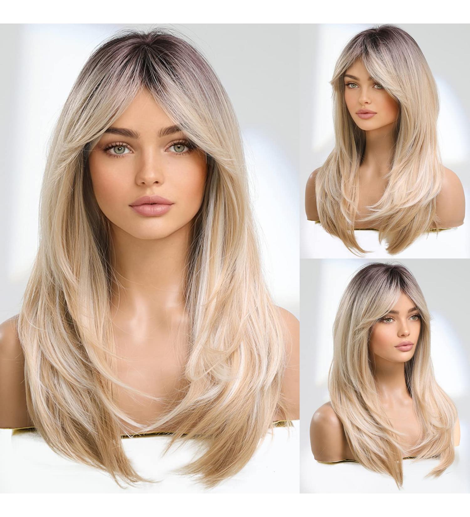 Long Blonde Wig with Bangs and Dark Roots - 22 Inch Synthetic Hair Wig for Women - Buy Online on GoSupps.com